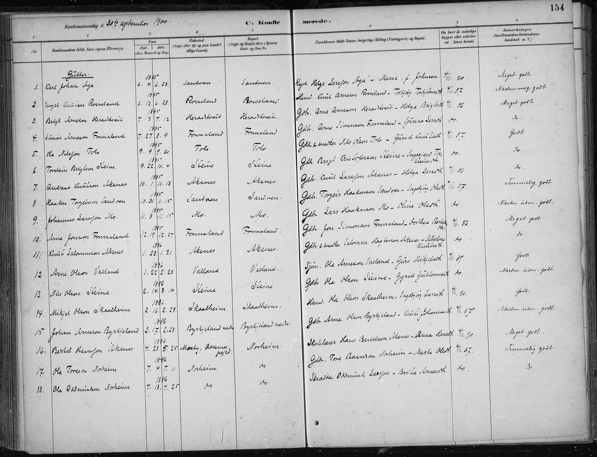 Kvam sokneprestembete, SAB/A-76201/H/Haa: Parish register (official) no. B  1, 1880-1908, p. 154
