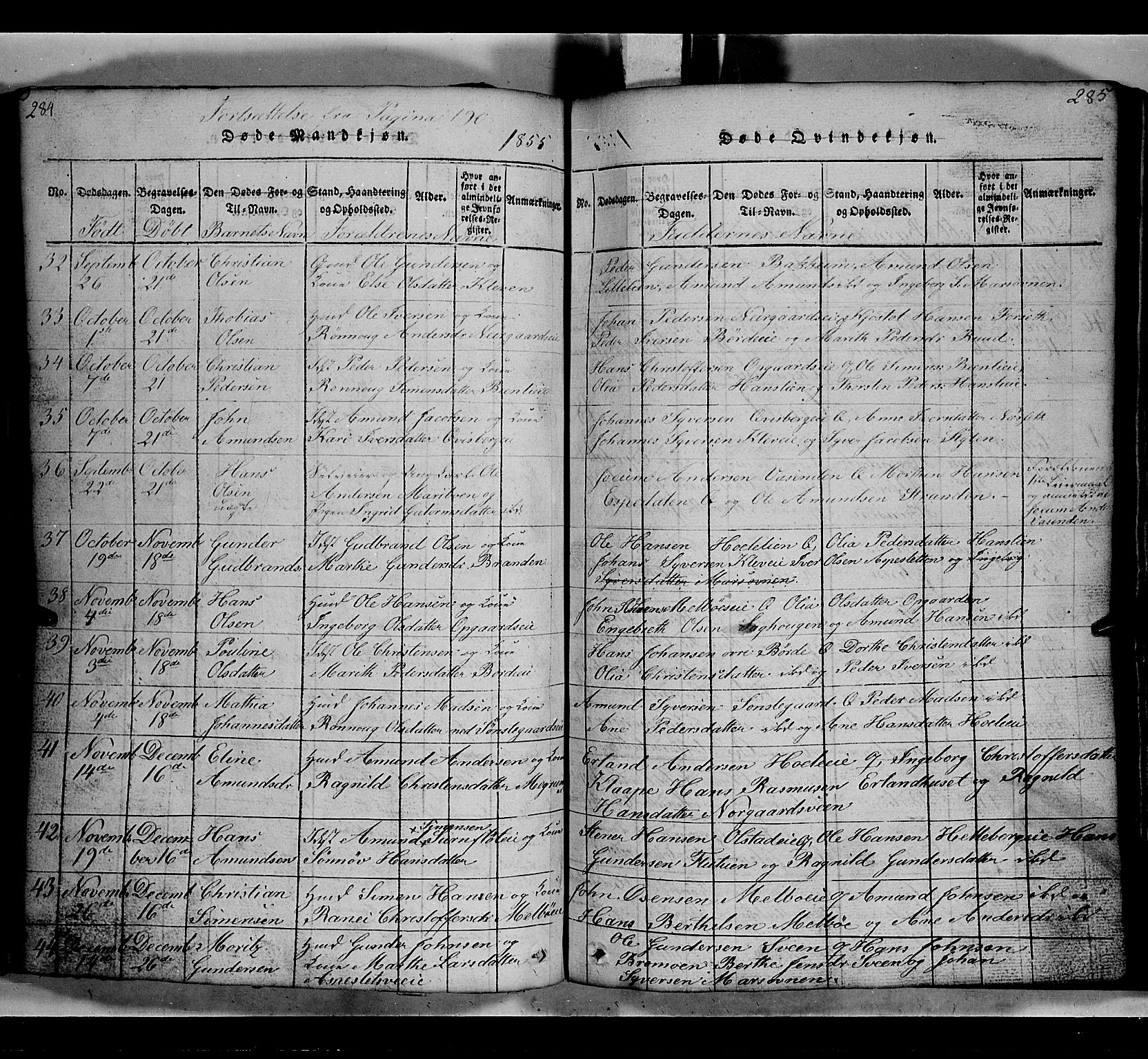 Gausdal prestekontor, SAH/PREST-090/H/Ha/Hab/L0002: Parish register (copy) no. 2, 1818-1874, p. 284-285