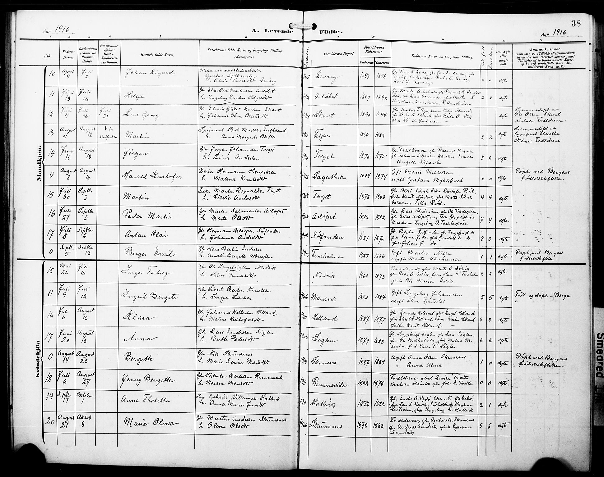 Fitjar sokneprestembete, AV/SAB-A-99926: Parish register (copy) no. B 1, 1906-1928, p. 38