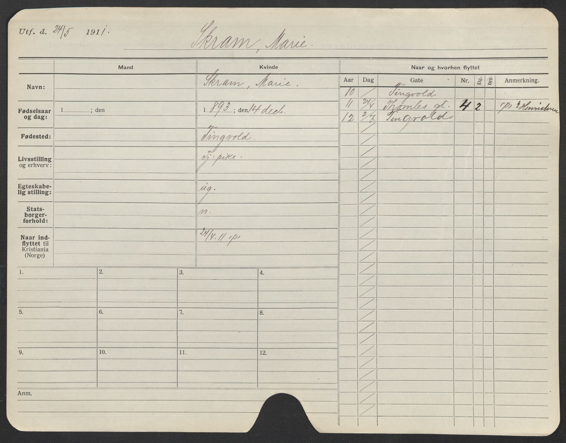 Oslo folkeregister, Registerkort, SAO/A-11715/F/Fa/Fac/L0023: Kvinner, 1906-1914, p. 1101a