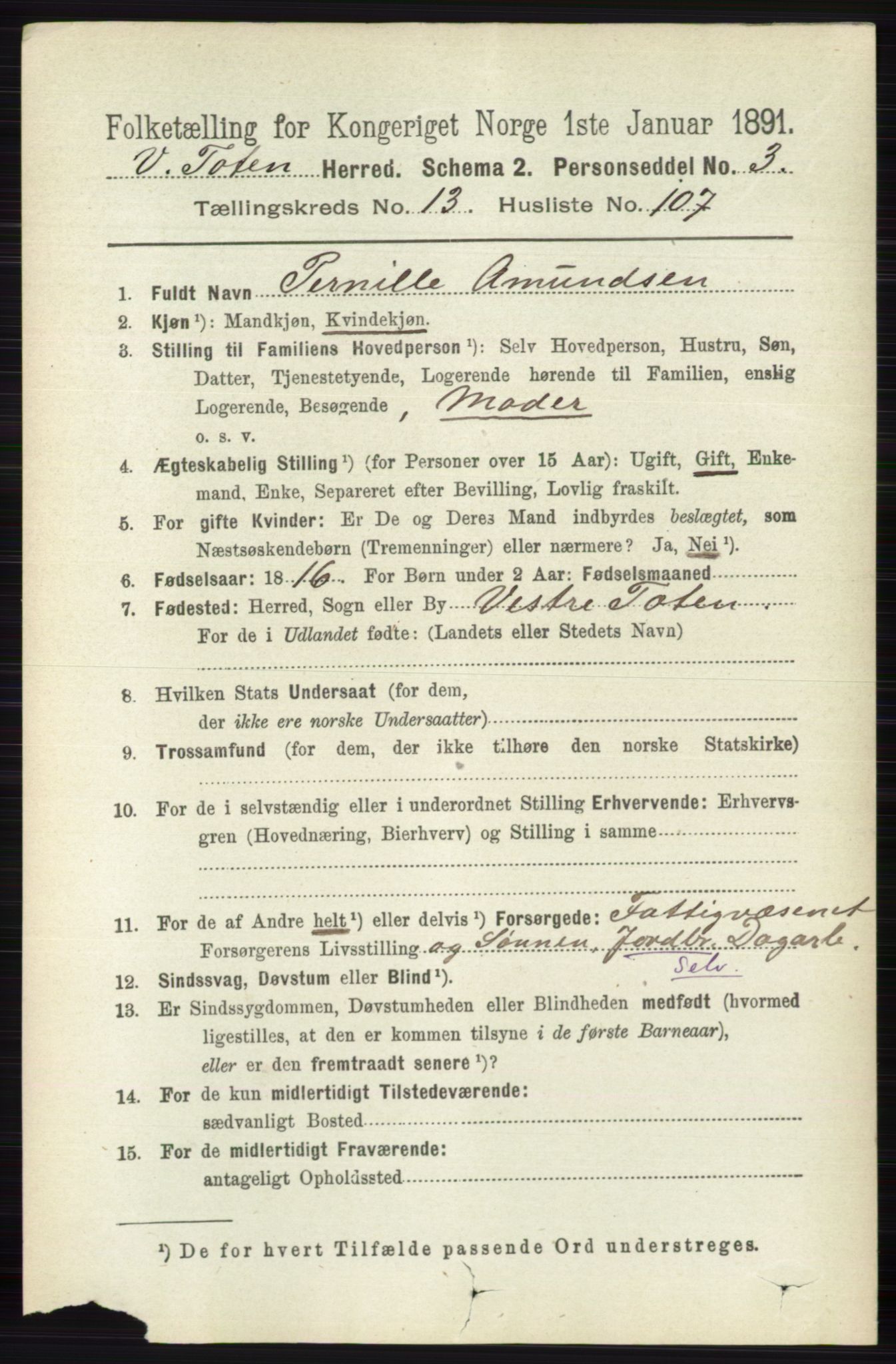 RA, 1891 census for 0529 Vestre Toten, 1891, p. 8392