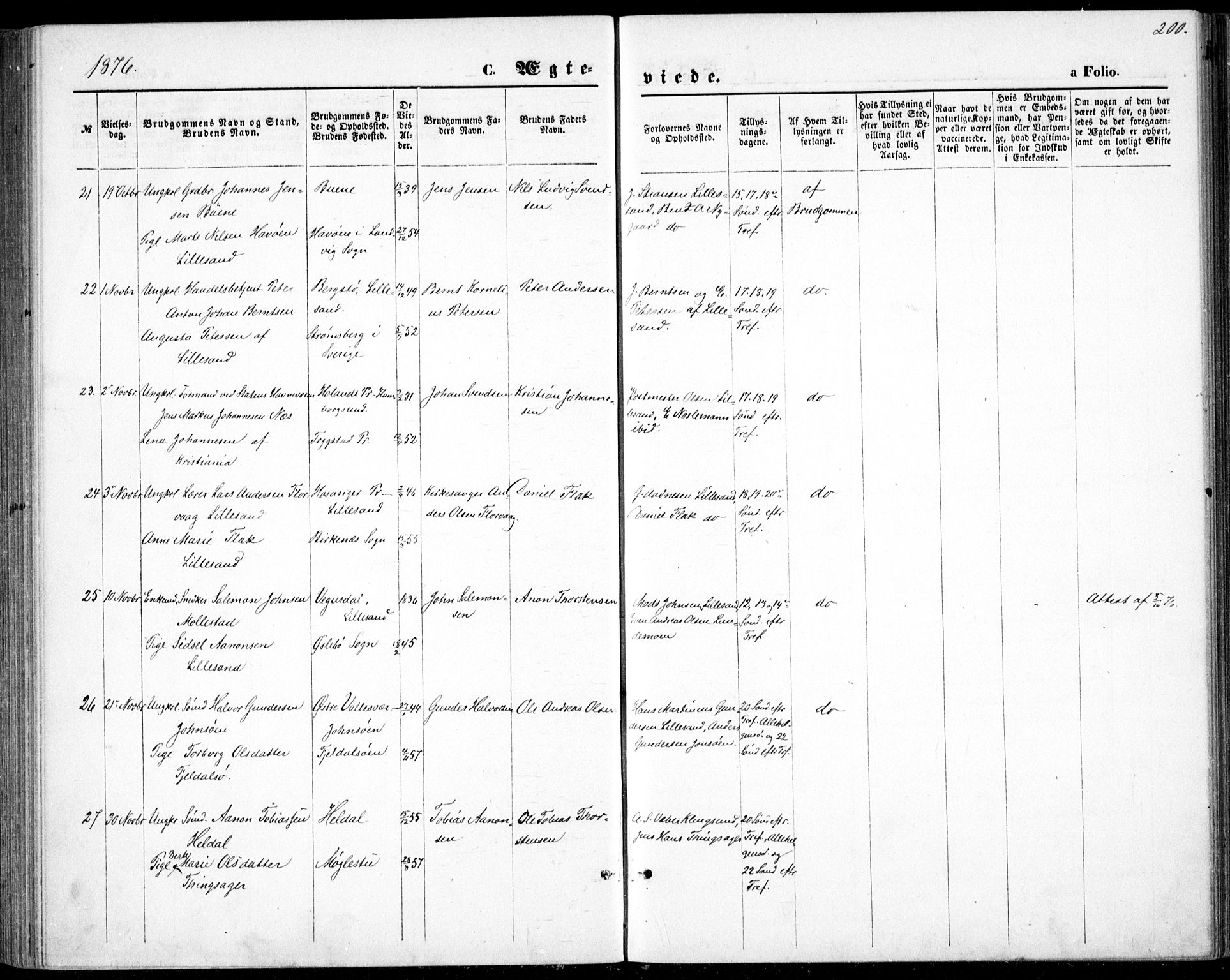 Vestre Moland sokneprestkontor, AV/SAK-1111-0046/F/Fb/Fbb/L0005: Parish register (copy) no. B 5, 1872-1883, p. 200