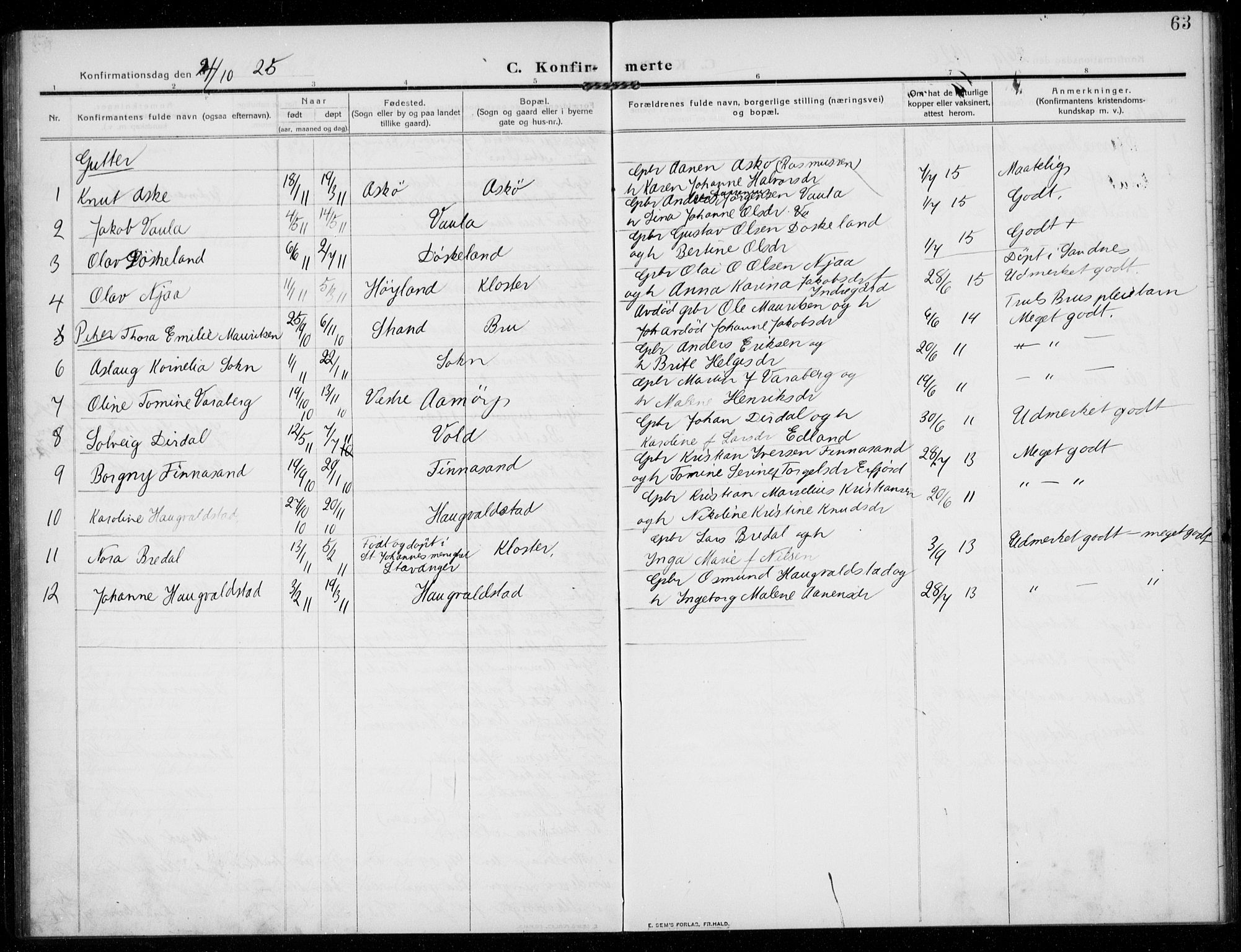Rennesøy sokneprestkontor, AV/SAST-A -101827/H/Ha/Haa/L0017: Parish register (official) no. A 17, 1908-1926, p. 63
