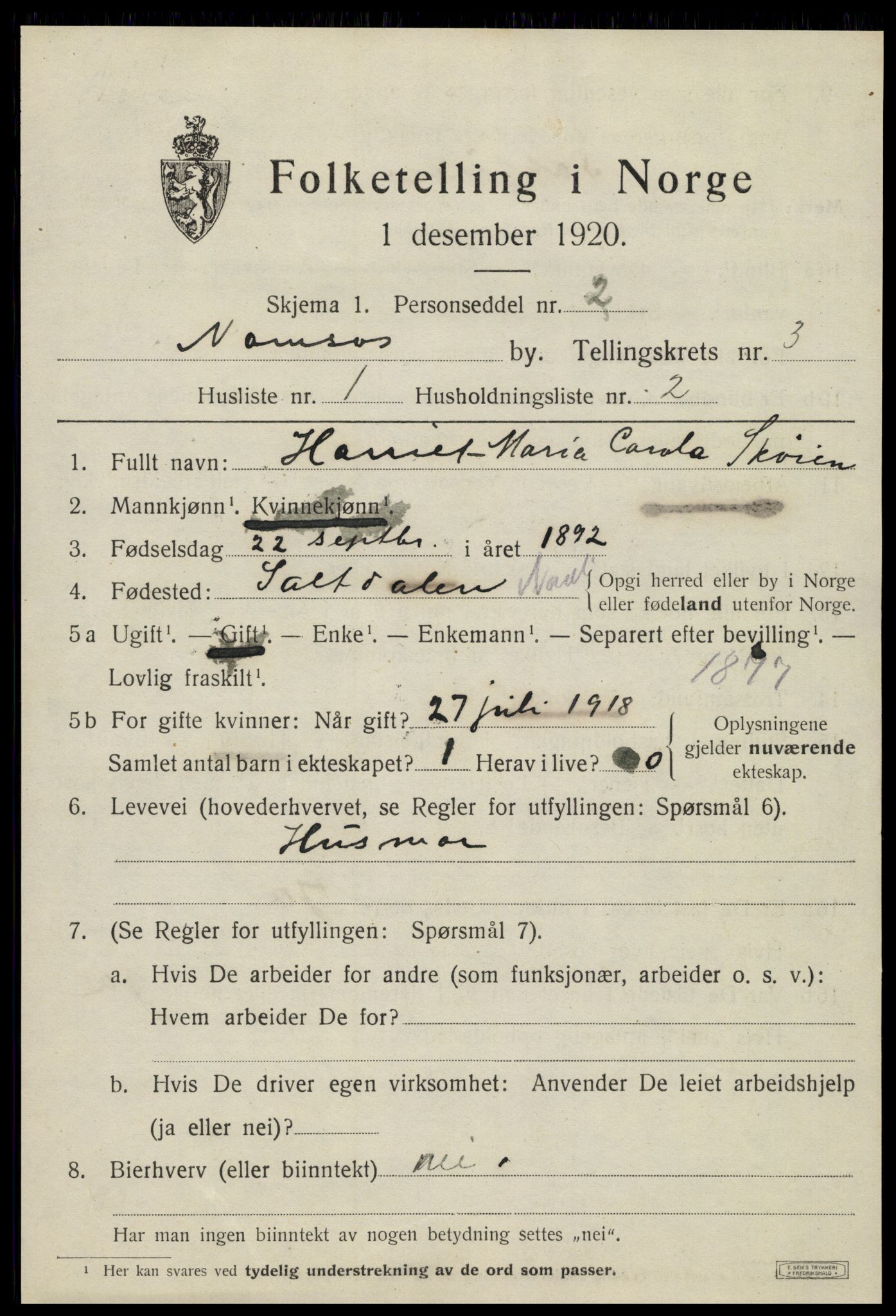 SAT, 1920 census for Namsos, 1920, p. 3757