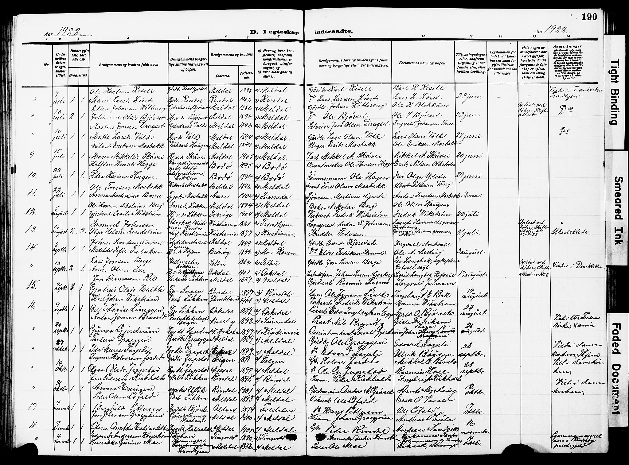Ministerialprotokoller, klokkerbøker og fødselsregistre - Sør-Trøndelag, SAT/A-1456/672/L0865: Parish register (copy) no. 672C04, 1914-1928, p. 190