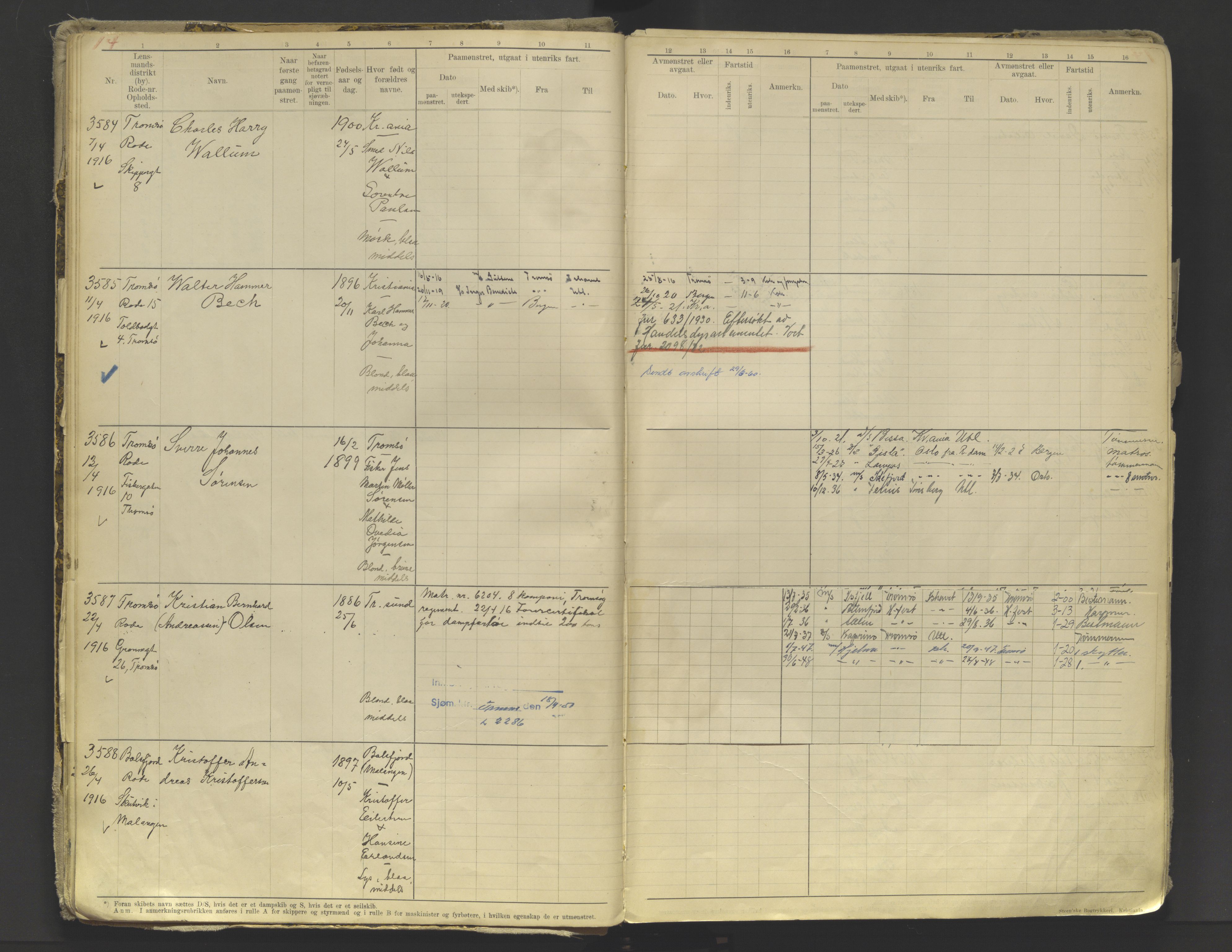 Tromsø sjømannskontor/innrullerings-/mønstringsdistrikt, AV/SATØ-S-0243/F/Fb/L0010: Annotasjonsrulle. Defekt: løs innbinding. Nr. 3519-4972, 1916-1920