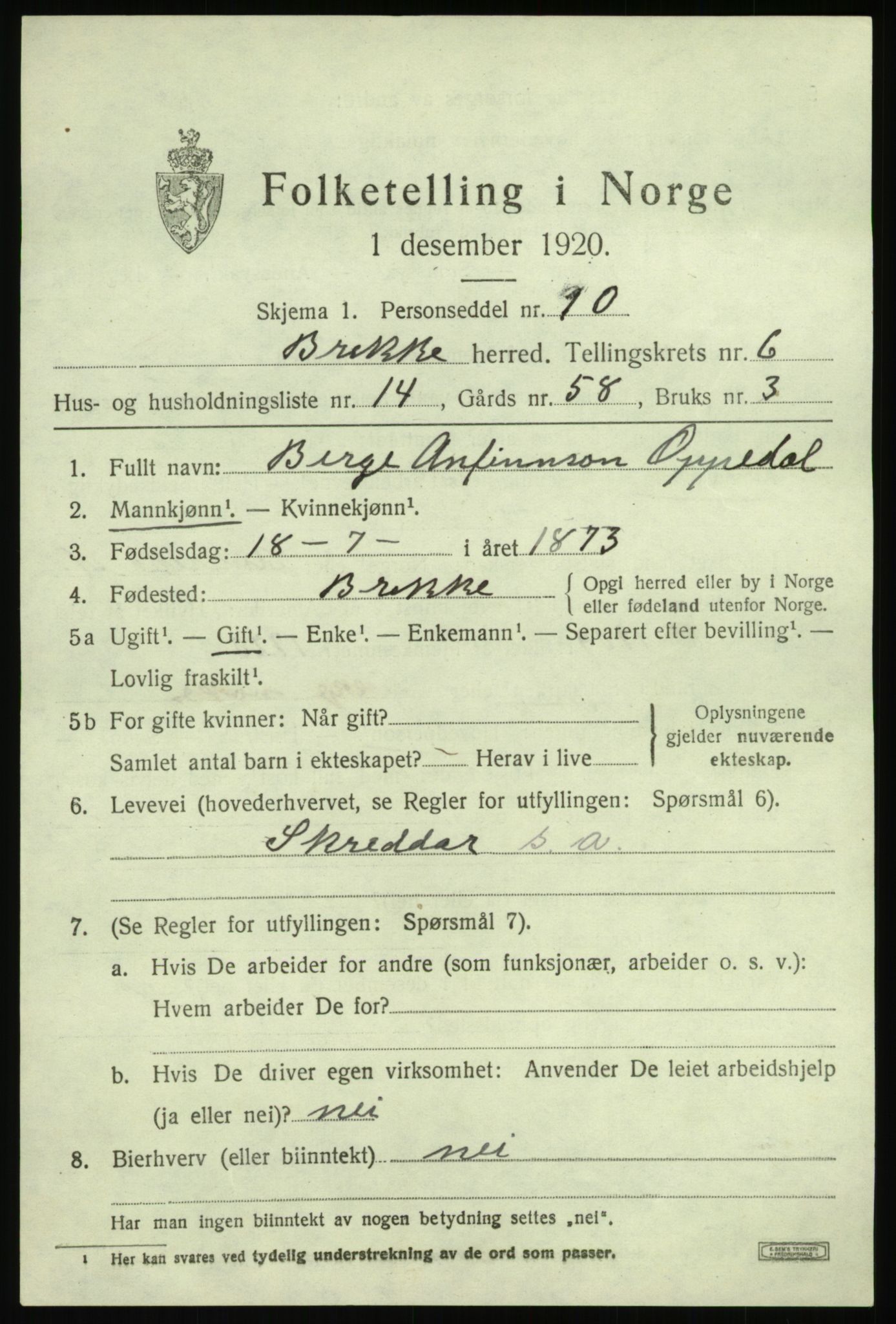 SAB, 1920 census for Brekke, 1920, p. 1474