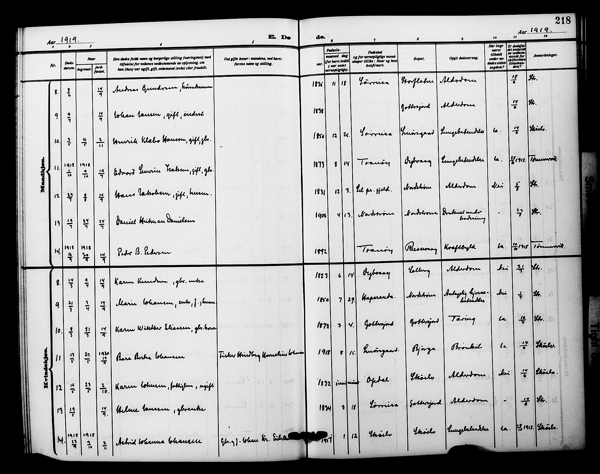 Tranøy sokneprestkontor, AV/SATØ-S-1313/I/Ia/Iab/L0023klokker: Parish register (copy) no. 23, 1913-1928, p. 218