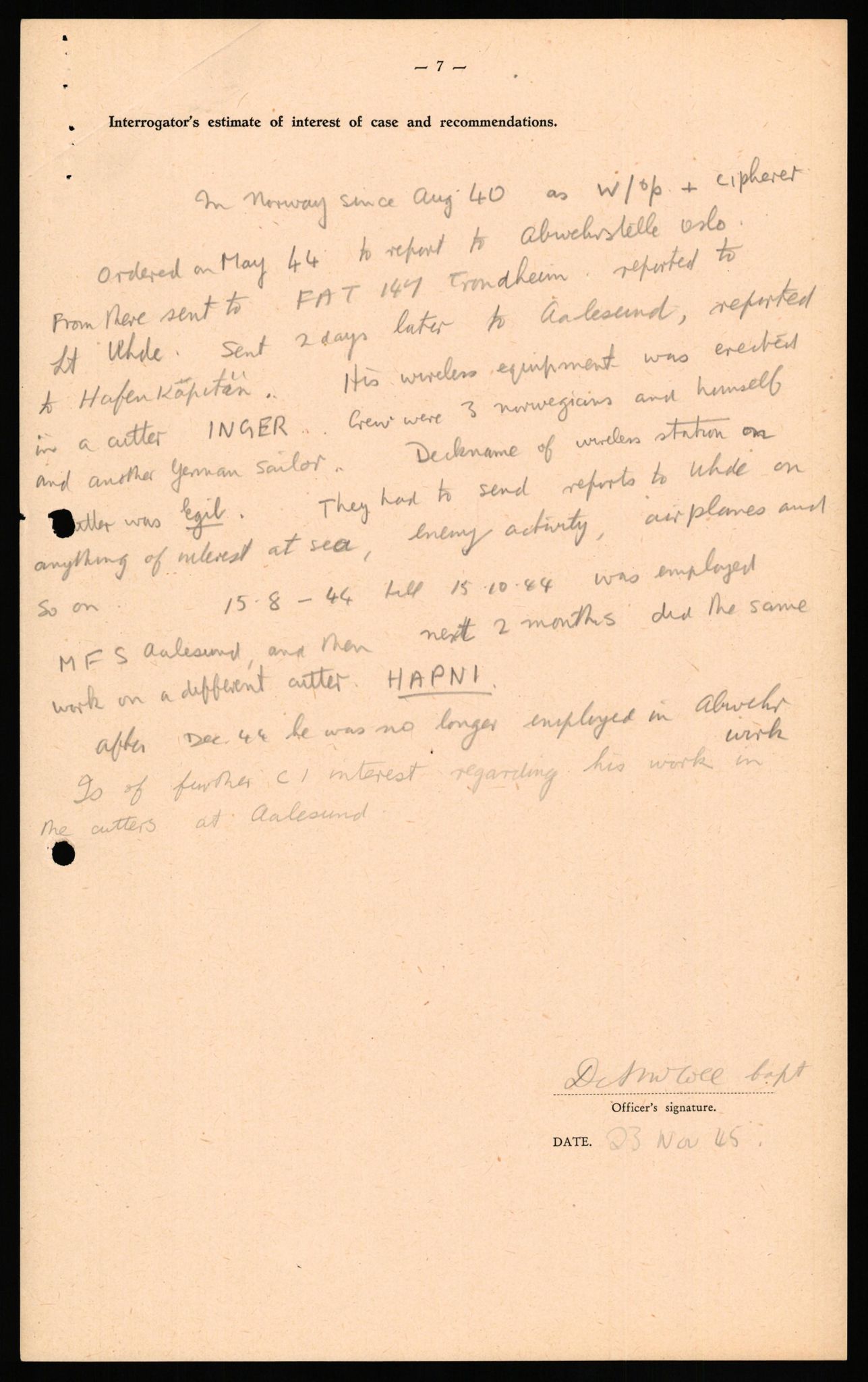 Forsvaret, Forsvarets overkommando II, RA/RAFA-3915/D/Db/L0031: CI Questionaires. Tyske okkupasjonsstyrker i Norge. Tyskere., 1945-1946, p. 374