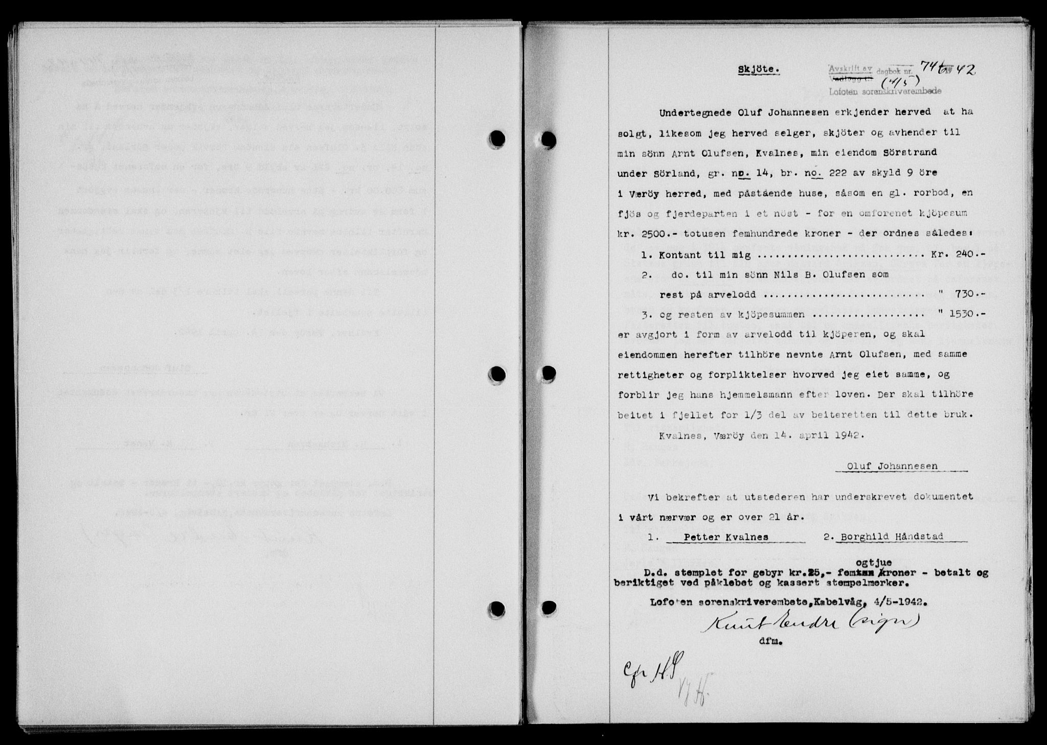 Lofoten sorenskriveri, SAT/A-0017/1/2/2C/L0009a: Mortgage book no. 9a, 1941-1942, Diary no: : 746/1942