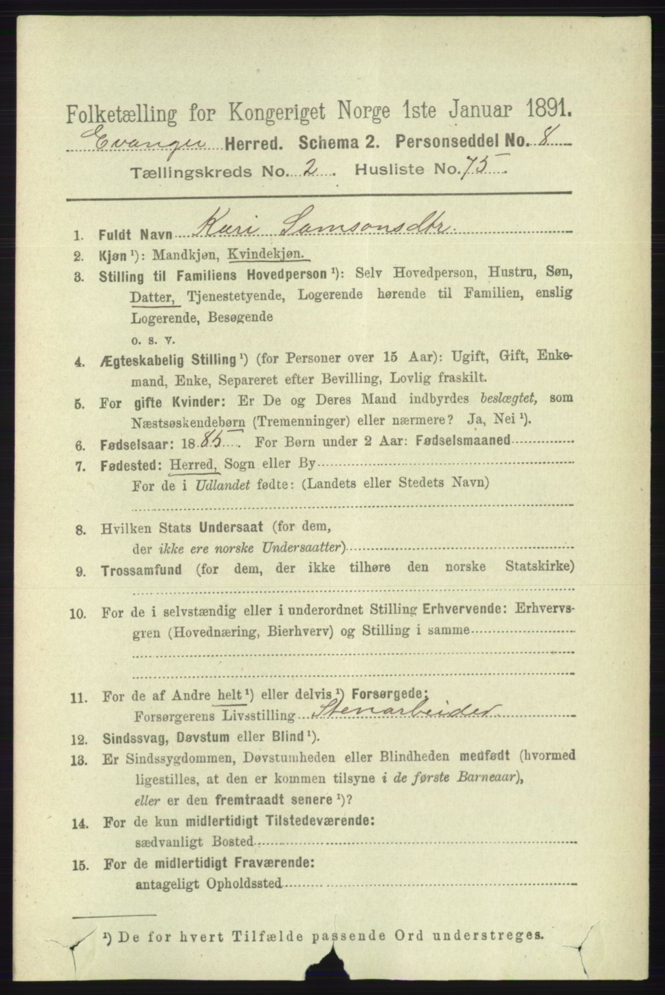 RA, 1891 census for 1237 Evanger, 1891, p. 805