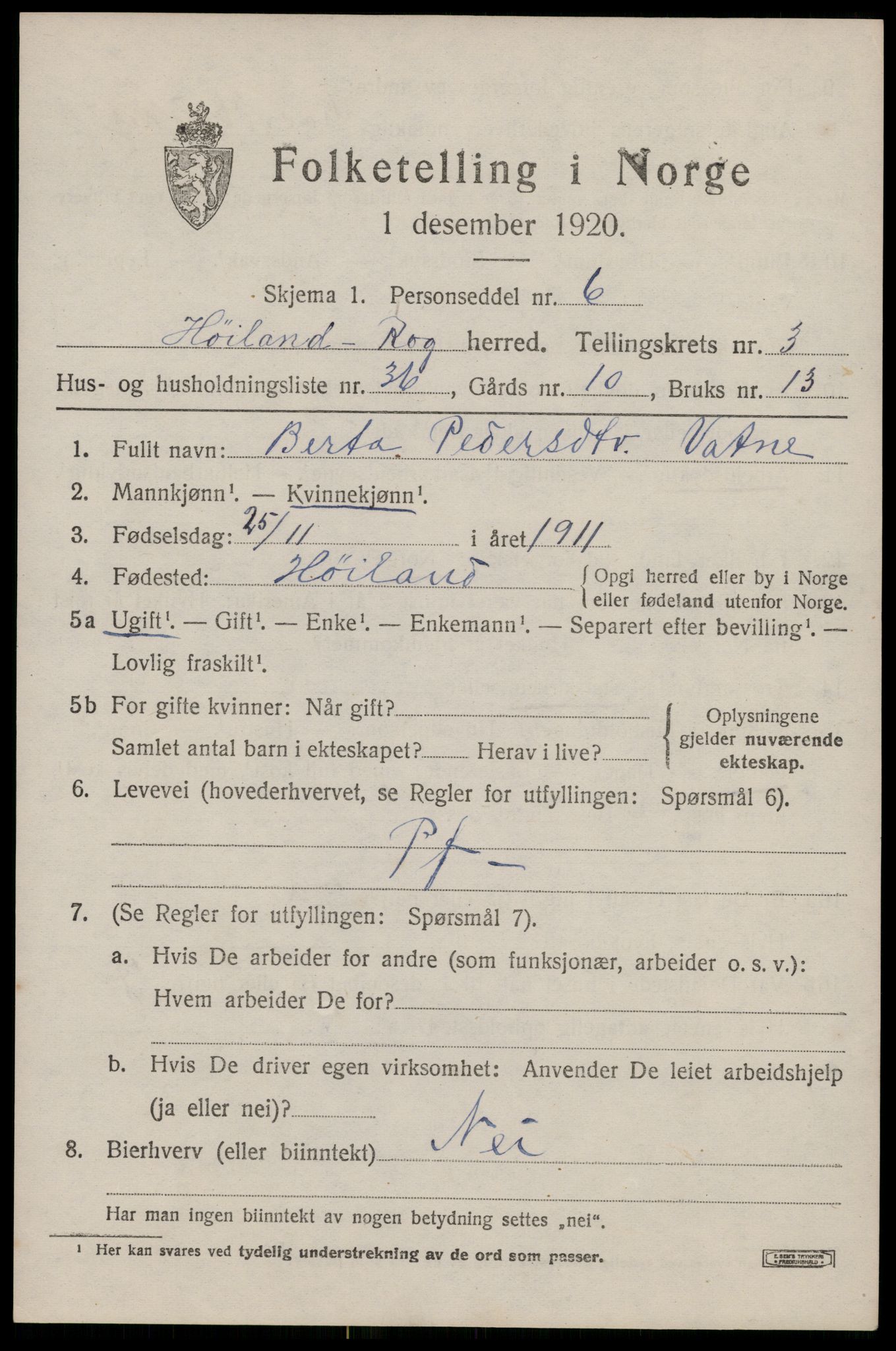 SAST, 1920 census for Høyland, 1920, p. 3410