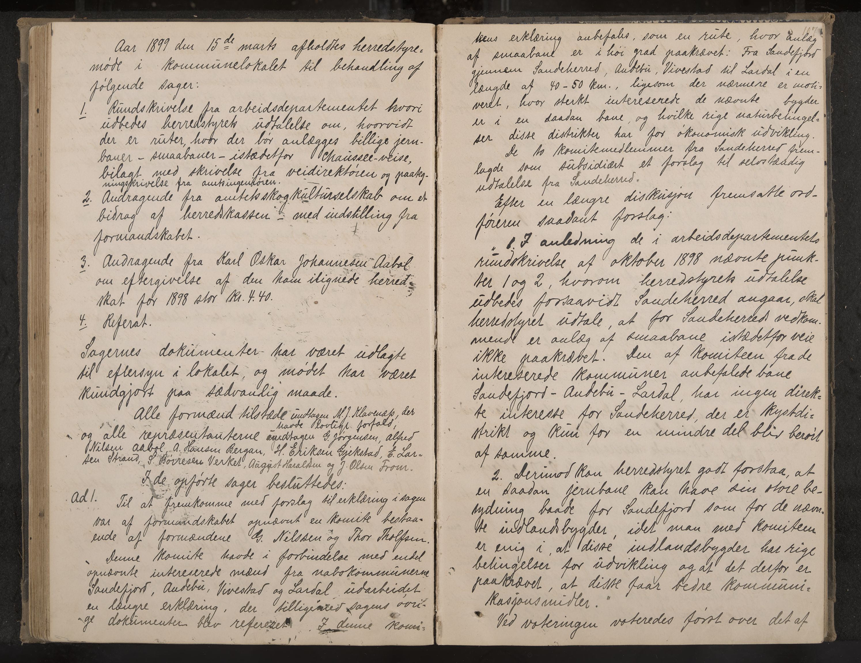 Sandar formannskap og sentraladministrasjon, IKAK/0724021/A/Aa/L0002: Møtebok, 1895-1900, p. 107