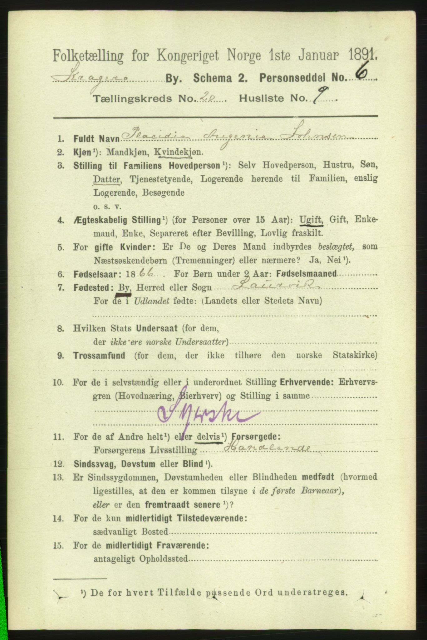 RA, 1891 census for 0801 Kragerø, 1891, p. 4672