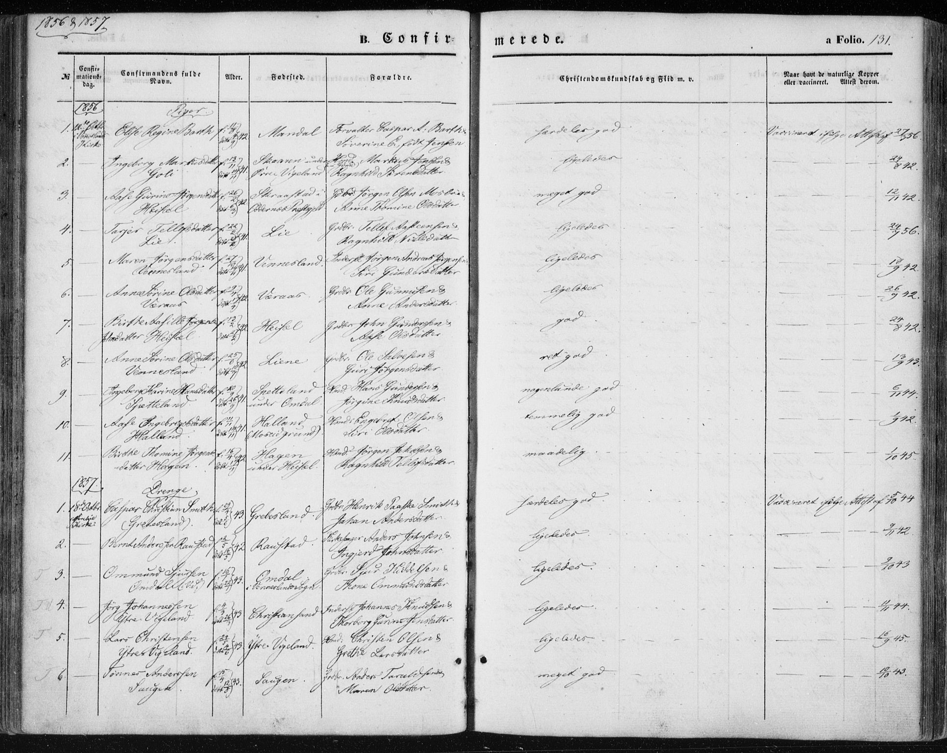 Vennesla sokneprestkontor, AV/SAK-1111-0045/Fa/Fac/L0007: Parish register (official) no. A 7, 1855-1873, p. 131