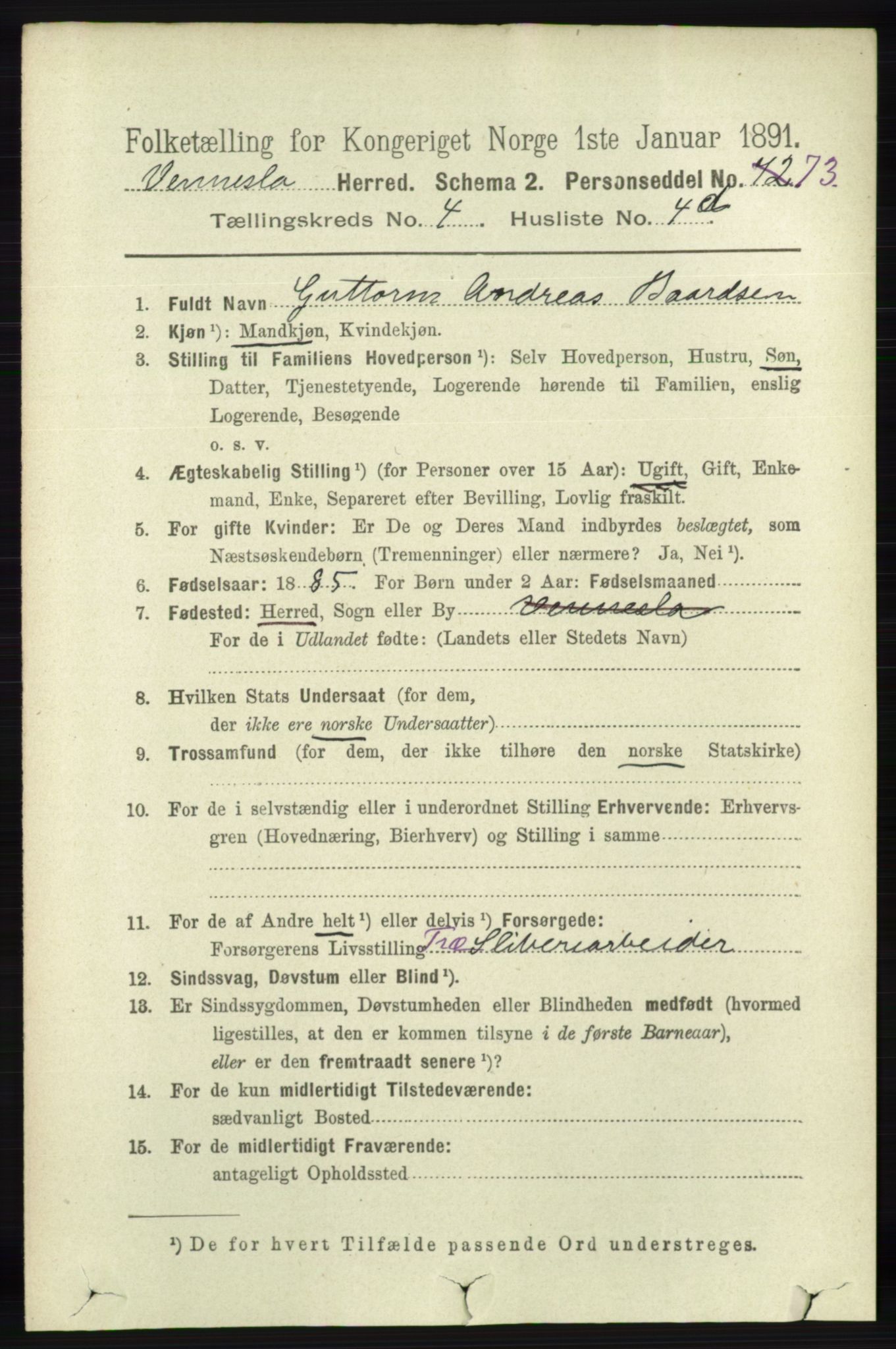 RA, 1891 census for 1014 Vennesla, 1891, p. 980