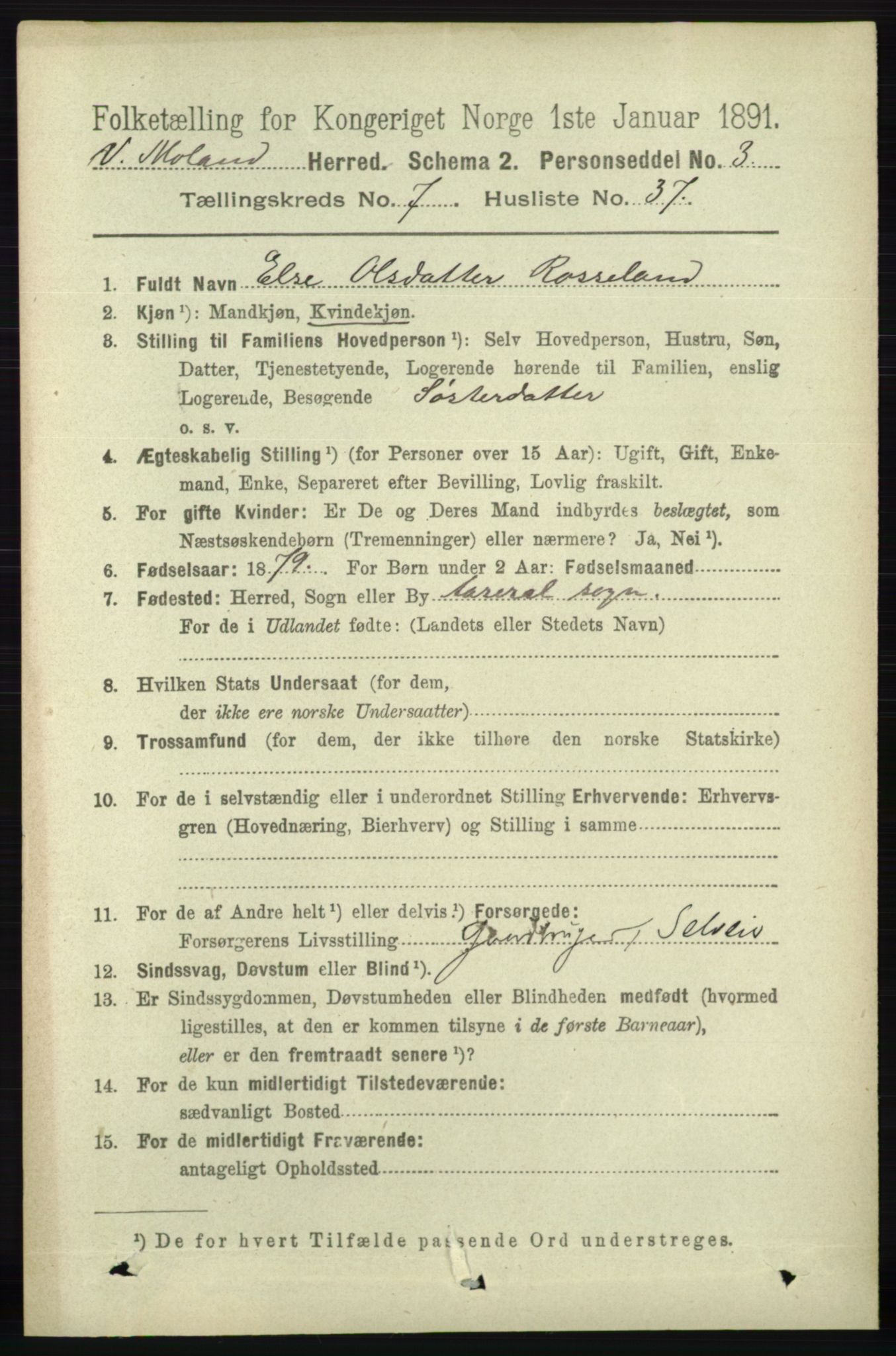 RA, 1891 census for 0926 Vestre Moland, 1891, p. 2967