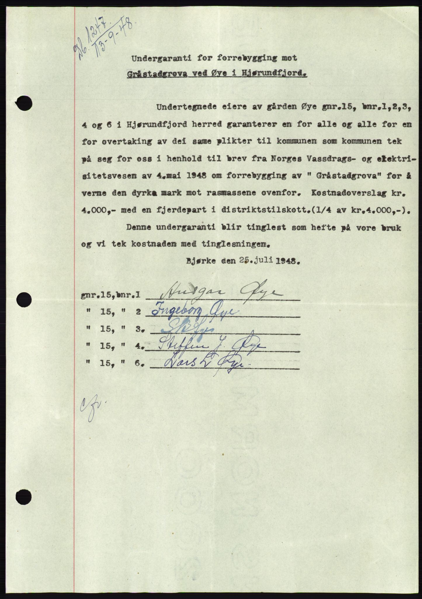 Søre Sunnmøre sorenskriveri, AV/SAT-A-4122/1/2/2C/L0083: Mortgage book no. 9A, 1948-1949, Diary no: : 1247/1948