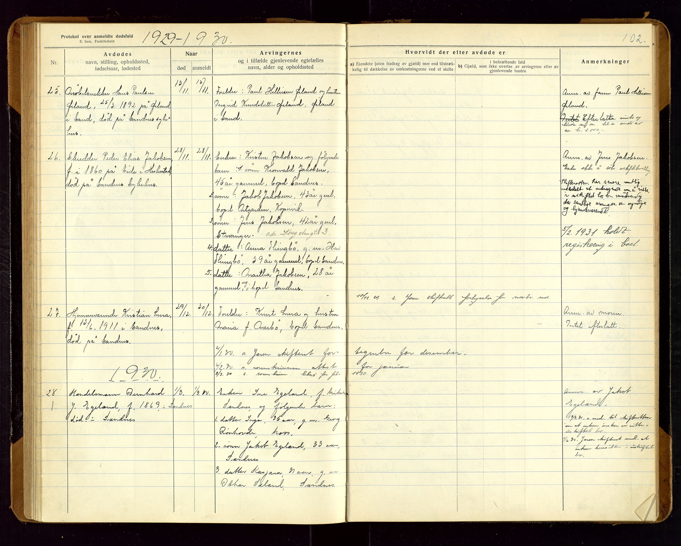 Sandnes lensmannskontor, SAST/A-100167/Gga/L0001: "Protokol over anmeldte dødsfald" m/register, 1918-1940, p. 102
