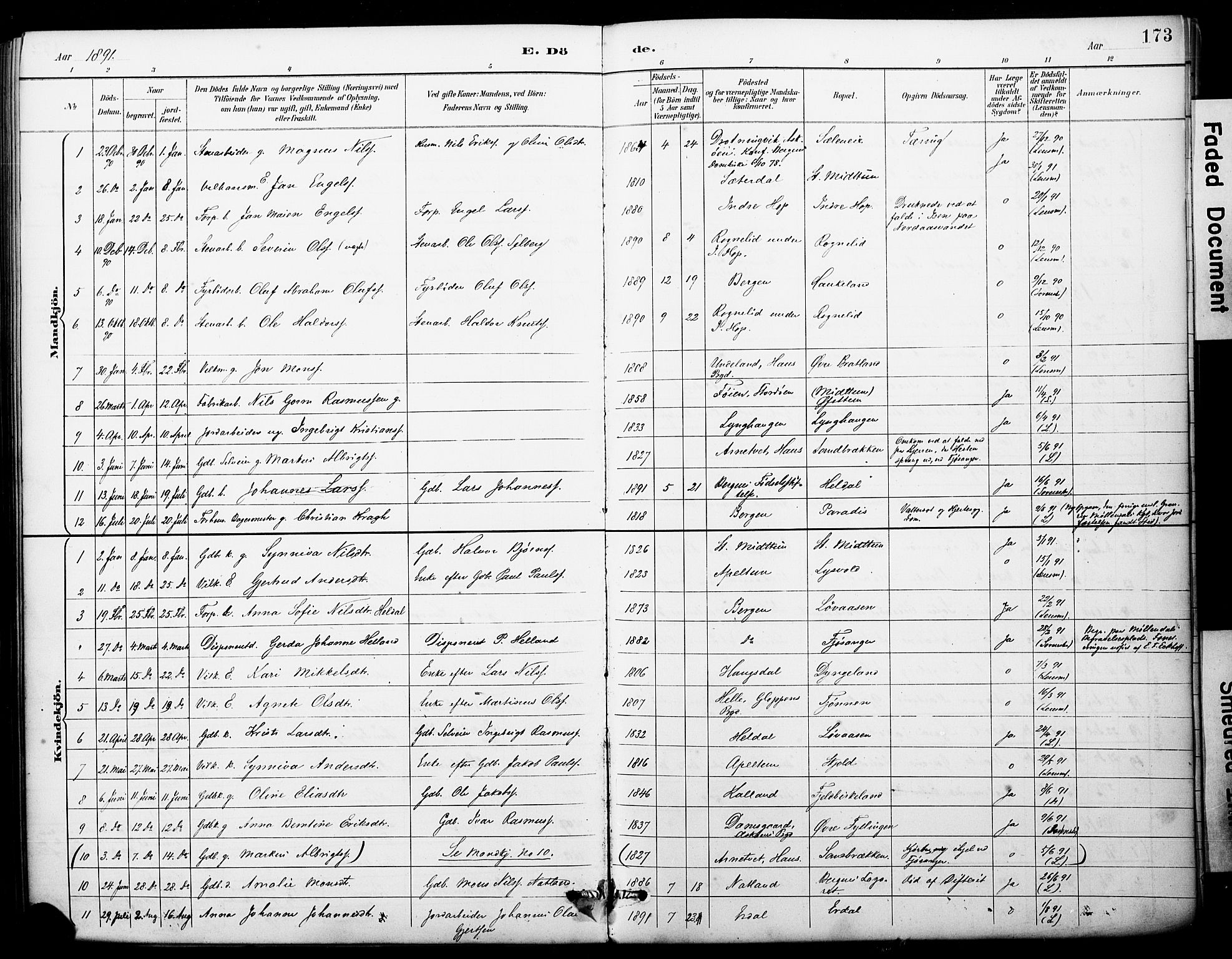 Fana Sokneprestembete, SAB/A-75101/H/Haa/Haai/L0002: Parish register (official) no. I 2, 1888-1899, p. 173