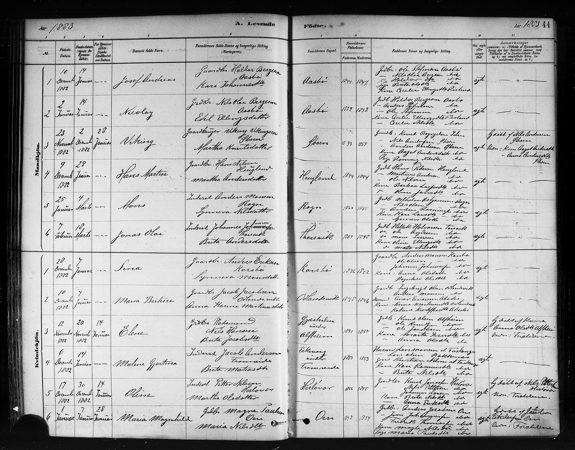 Herdla Sokneprestembete, AV/SAB-A-75701/H/Haa: Parish register (official) no. A 3, 1878-1890, p. 44