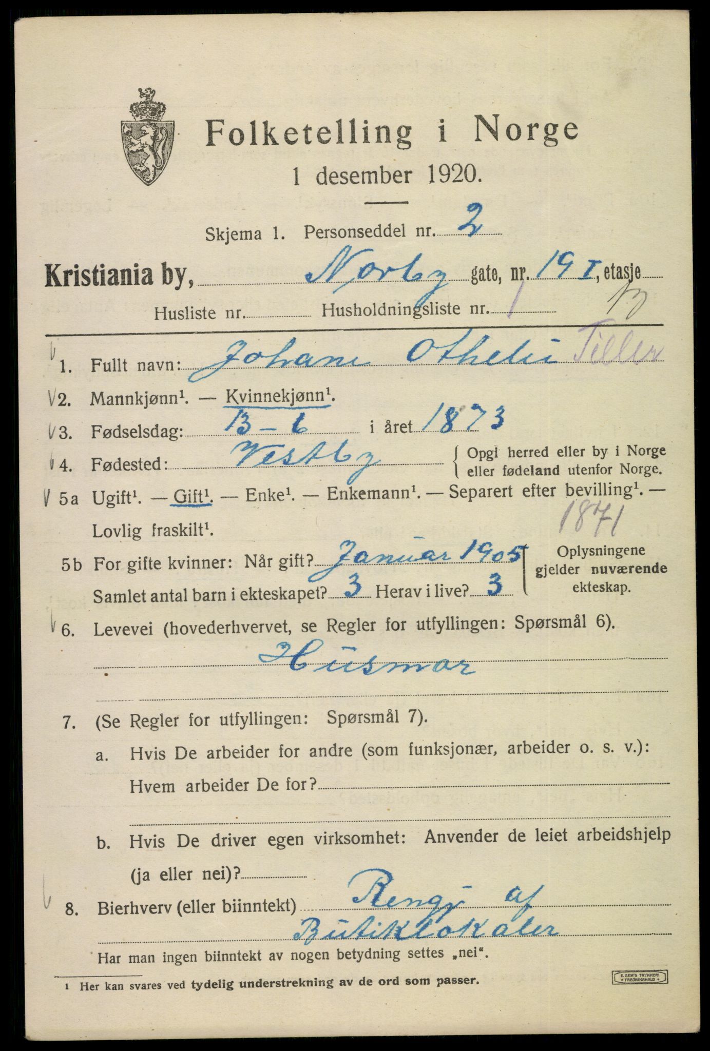 SAO, 1920 census for Kristiania, 1920, p. 419613