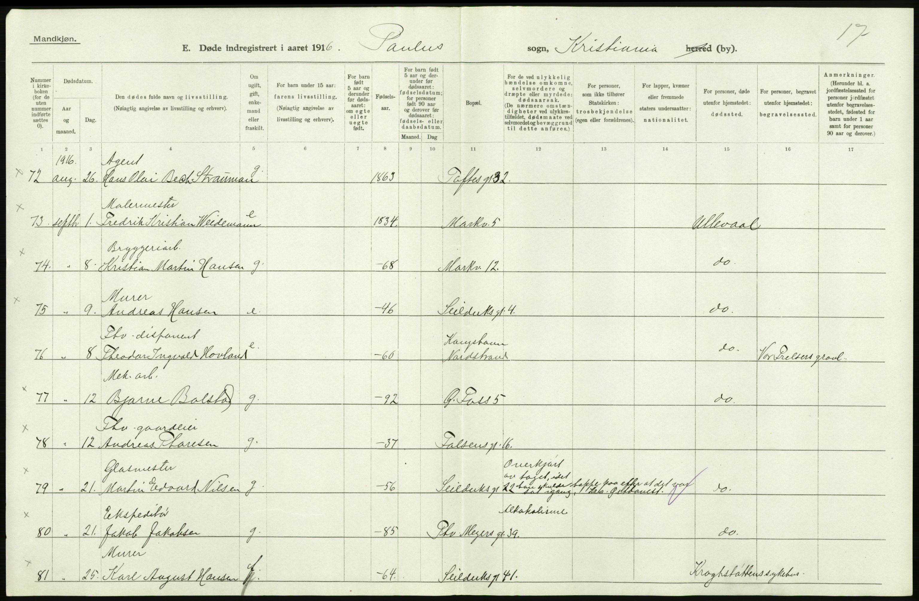 Statistisk sentralbyrå, Sosiodemografiske emner, Befolkning, AV/RA-S-2228/D/Df/Dfb/Dfbf/L0009: Kristiania: Døde., 1916, p. 64