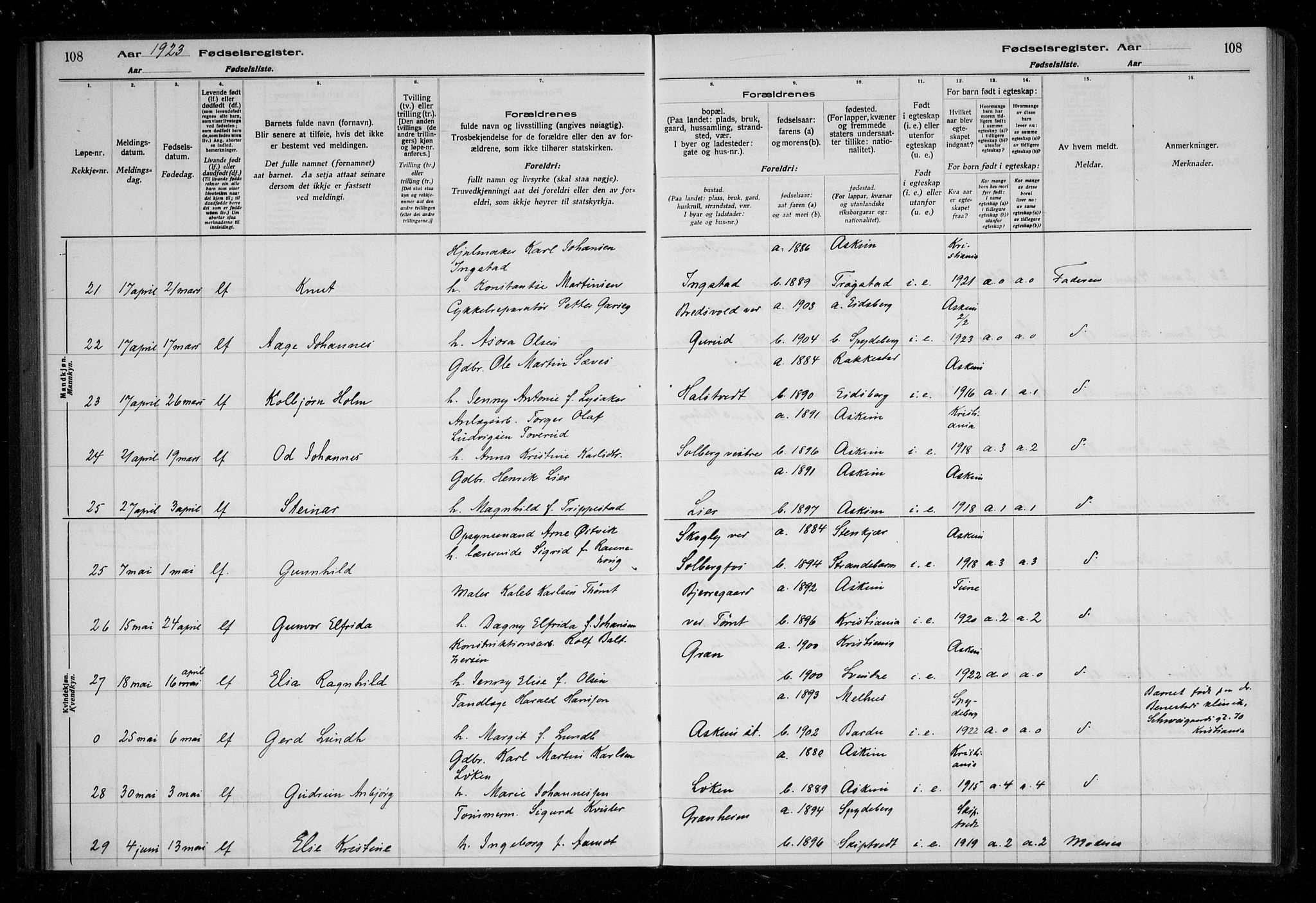 Askim prestekontor Kirkebøker, AV/SAO-A-10900/J/Ja/L0001: Birth register no. 1, 1916-1929, p. 108