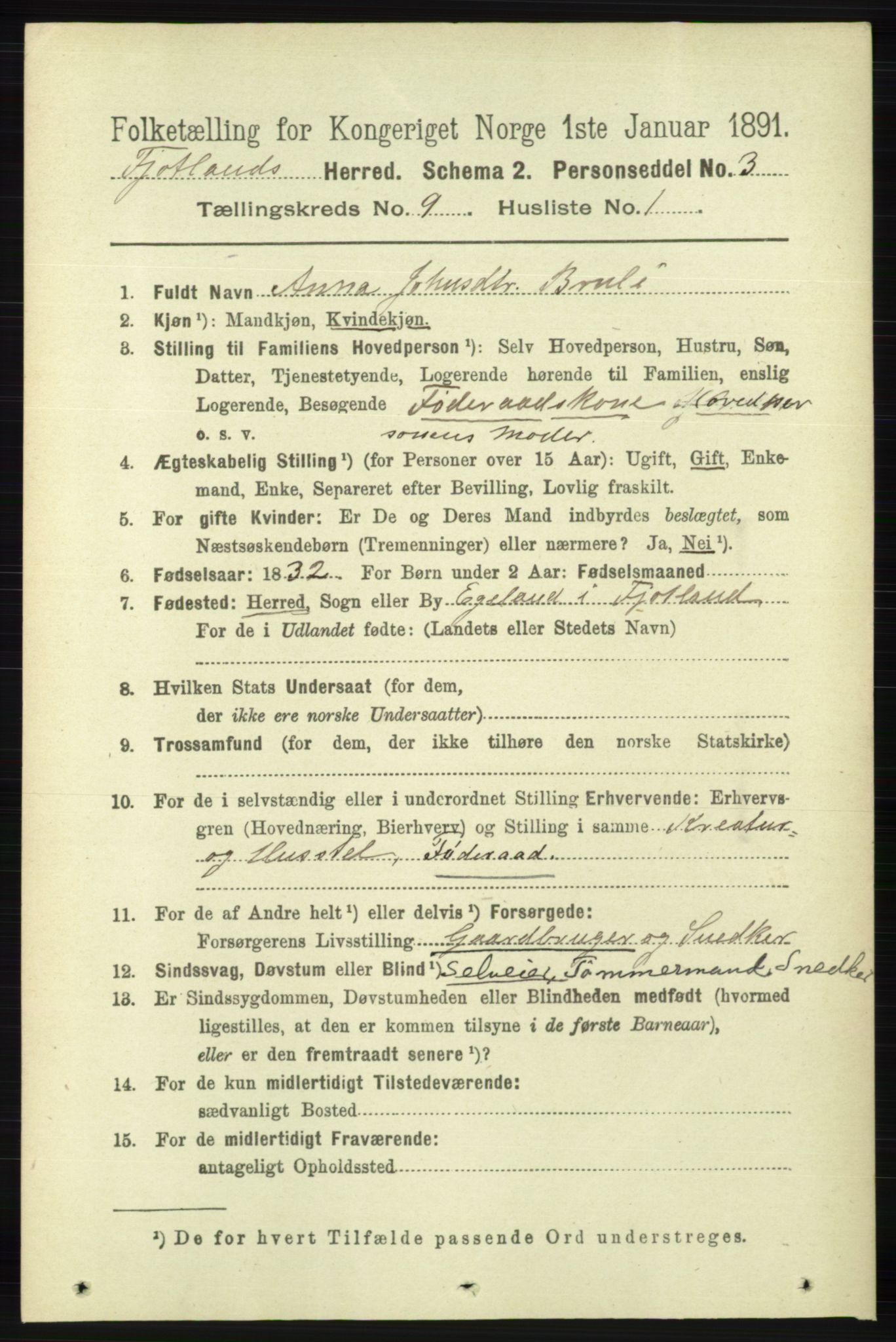 RA, 1891 census for 1036 Fjotland, 1891, p. 1304