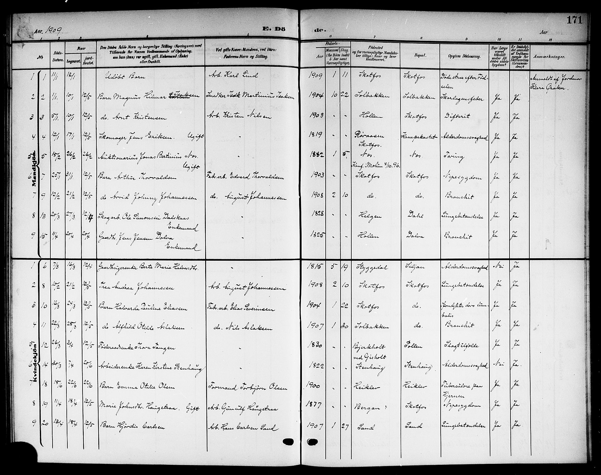 Solum kirkebøker, SAKO/A-306/G/Gb/L0005: Parish register (copy) no. II 5, 1905-1914, p. 171
