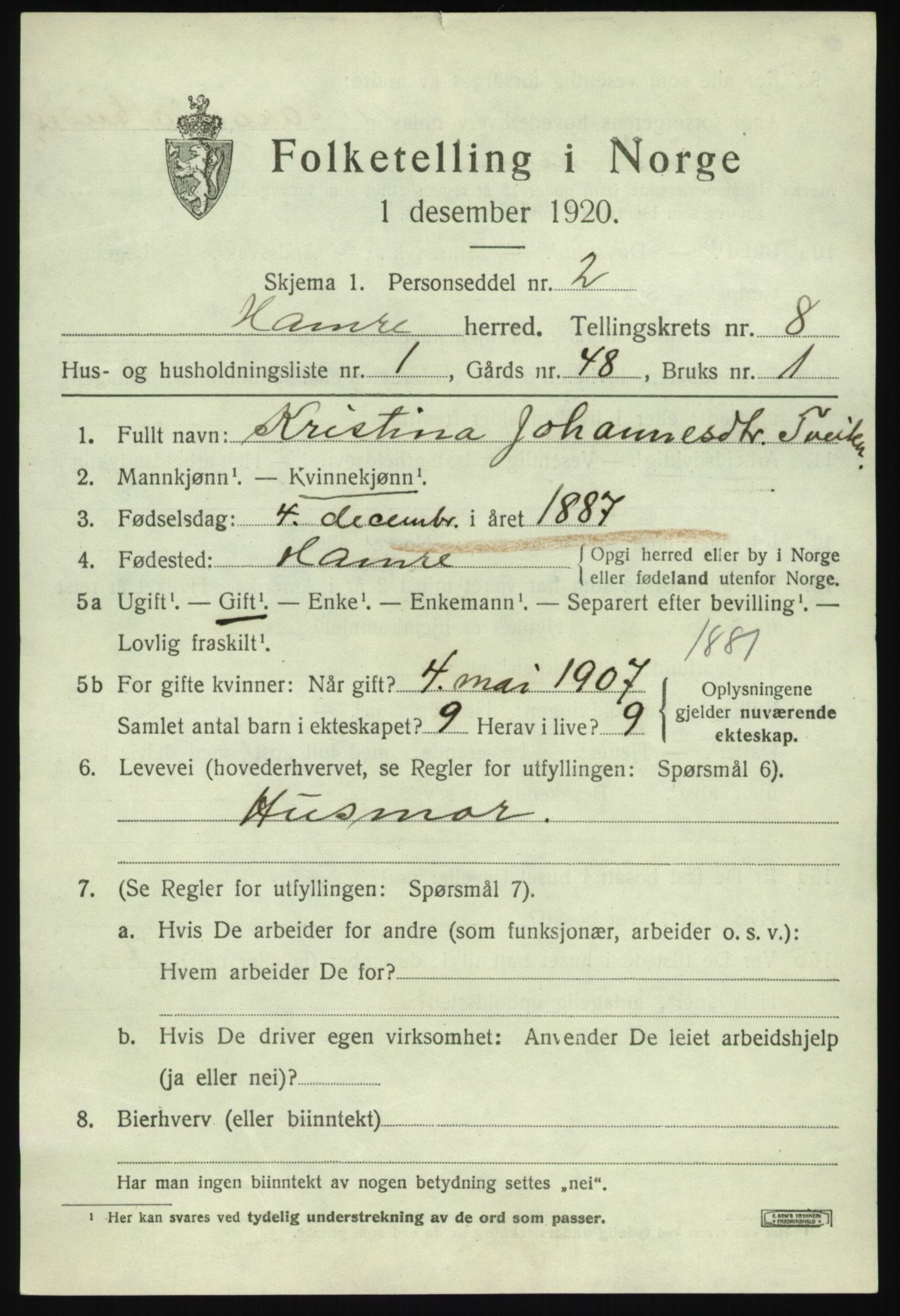 SAB, 1920 census for Hamre, 1920, p. 4437