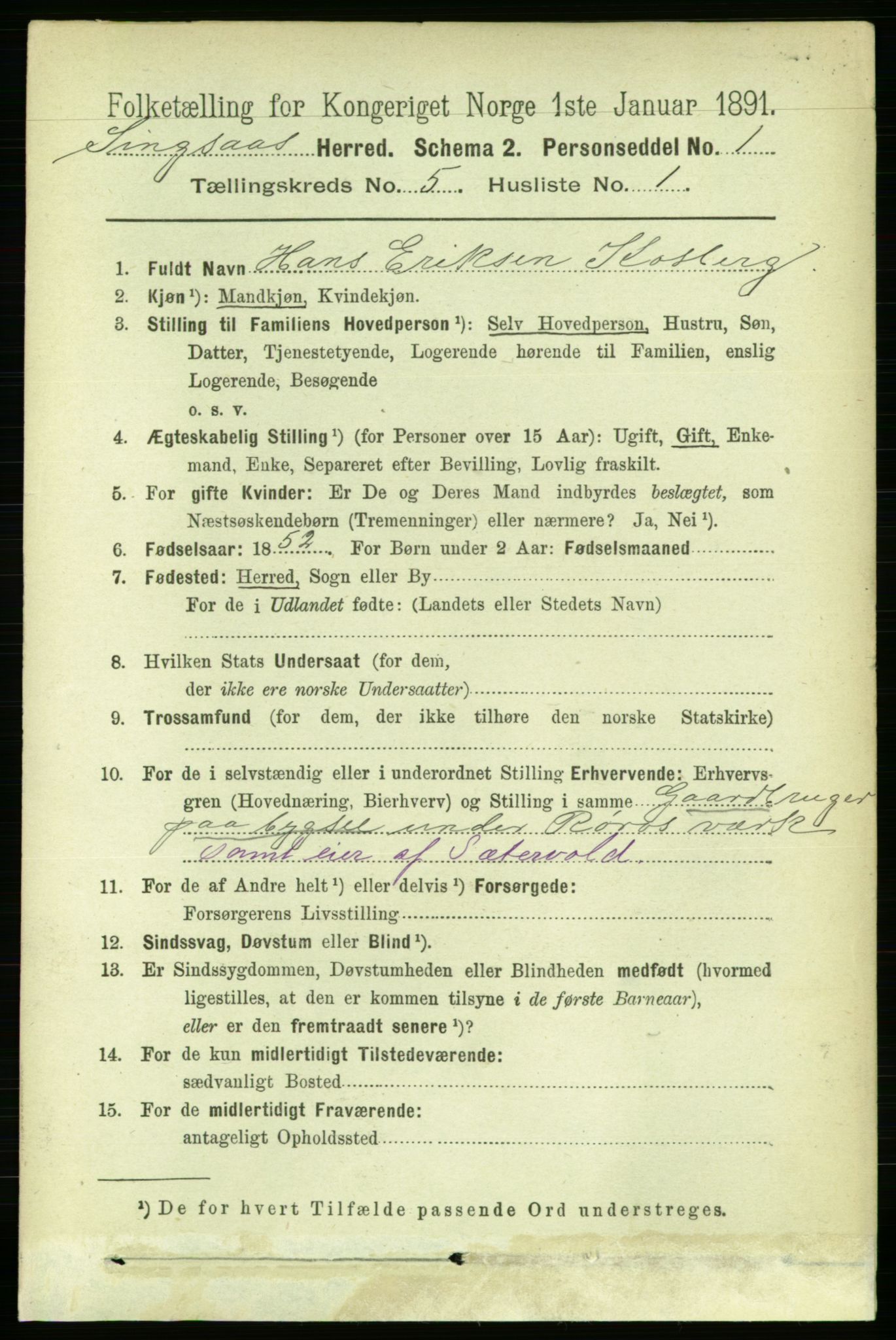 RA, 1891 census for 1646 Singsås, 1891, p. 1007