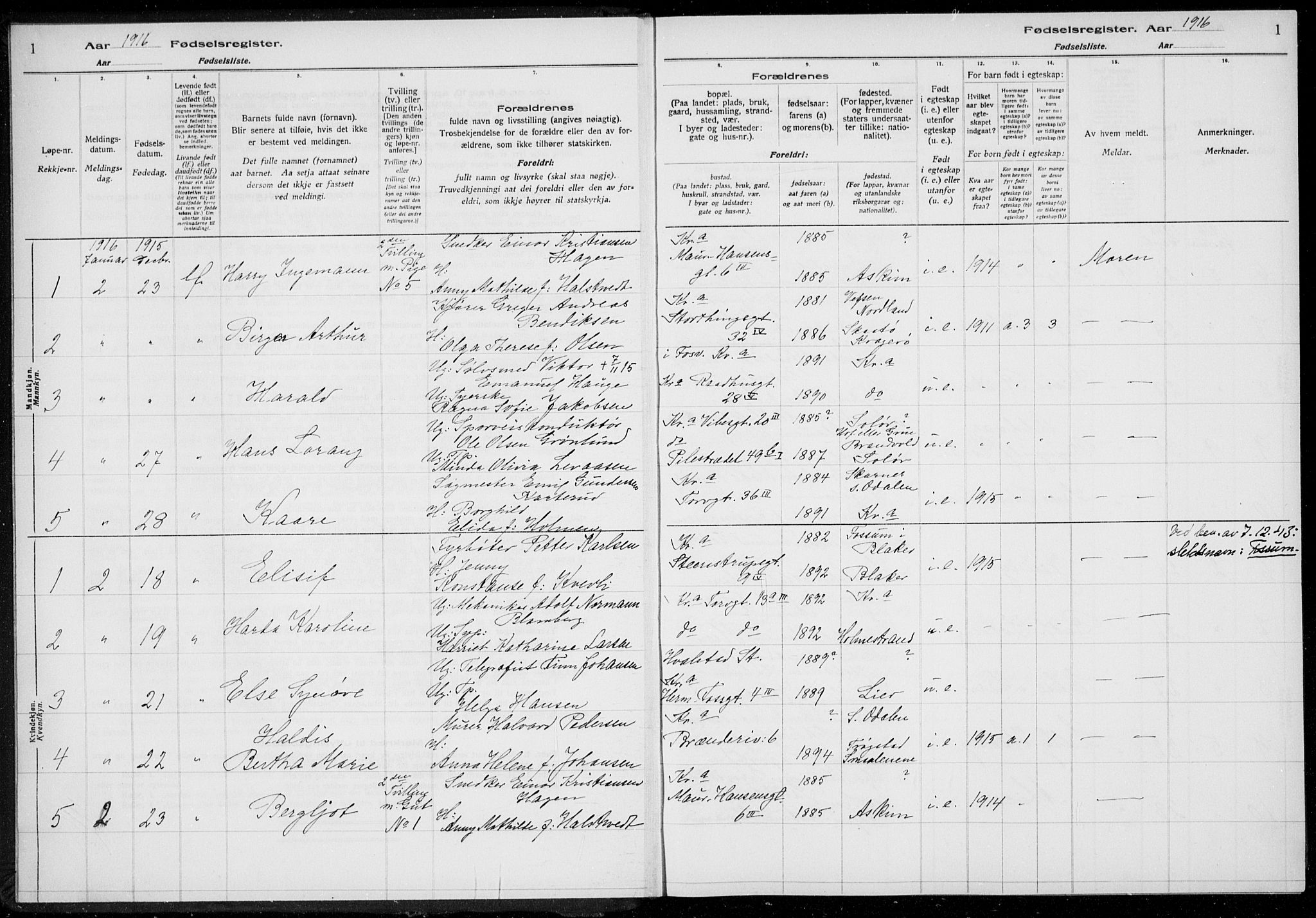 Rikshospitalet prestekontor Kirkebøker, AV/SAO-A-10309b/J/L0001: Birth register no. 1, 1916-1916, p. 1