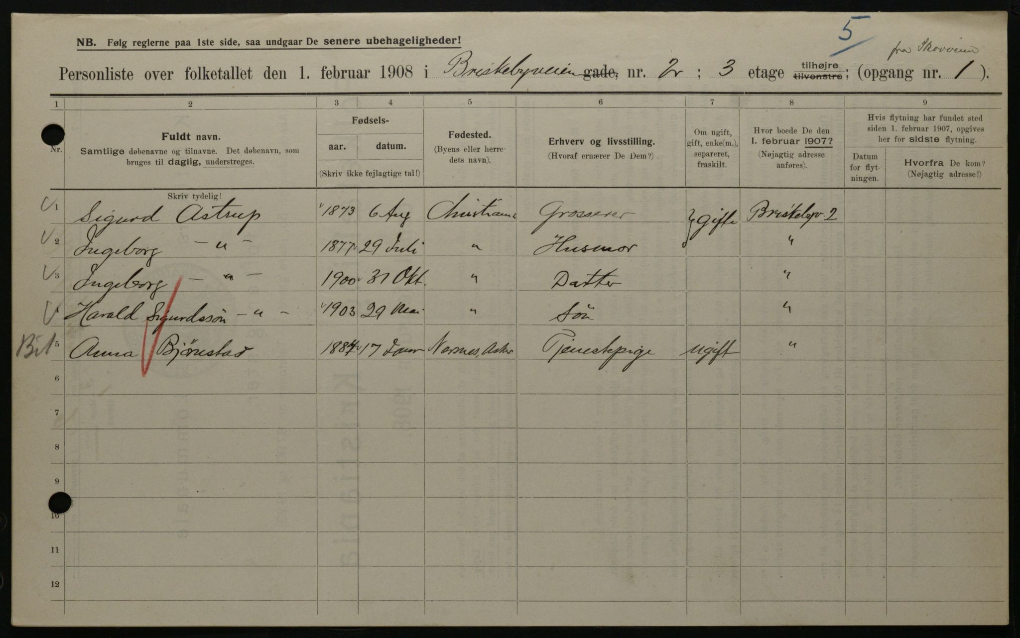 OBA, Municipal Census 1908 for Kristiania, 1908, p. 8707