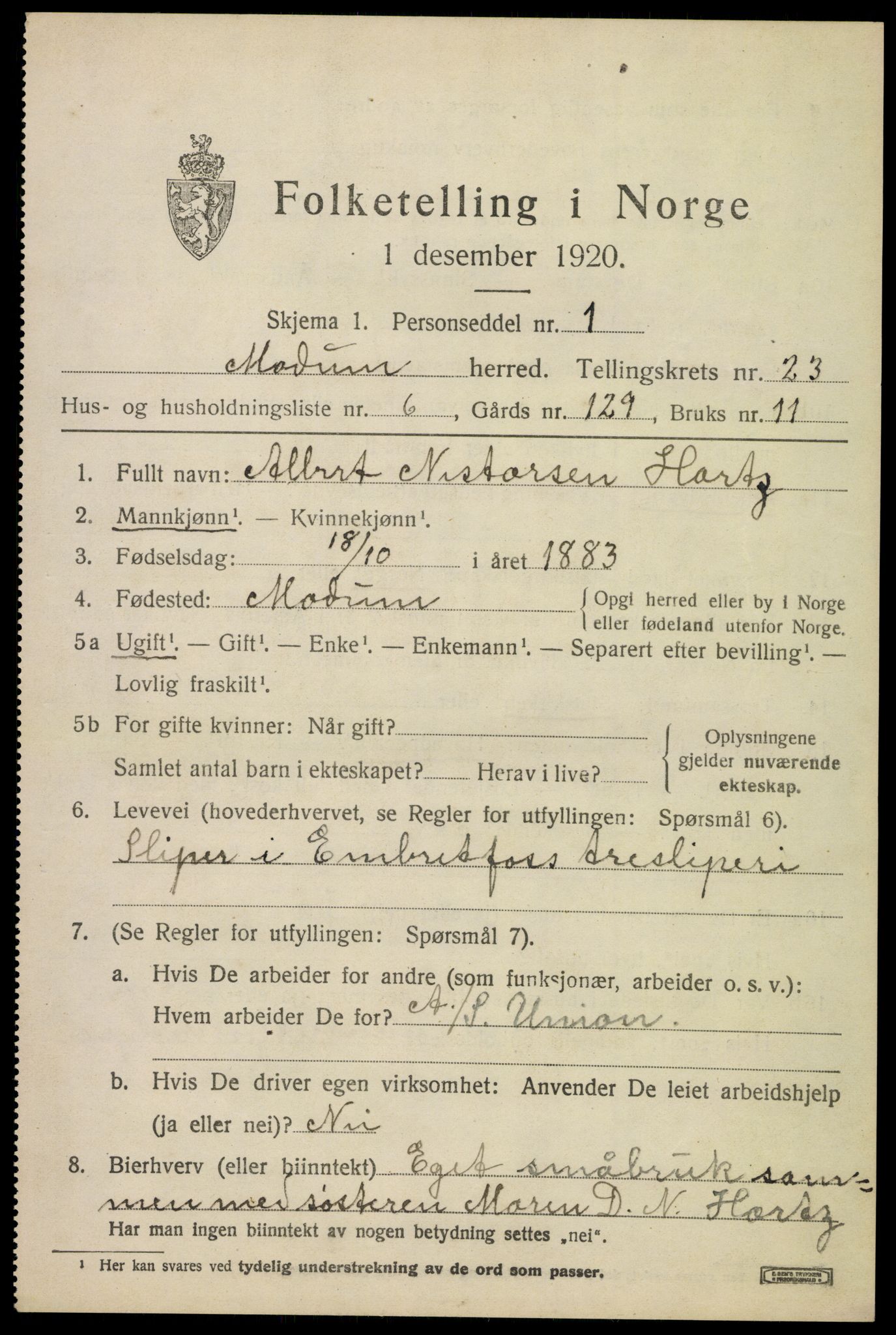 SAKO, 1920 census for Modum, 1920, p. 23447