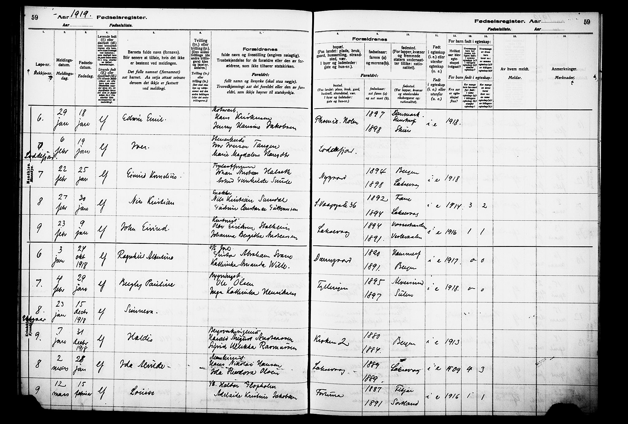 Laksevåg Sokneprestembete, AV/SAB-A-76501/I/Id/L00A1: Birth register no. A 1, 1916-1926, p. 59