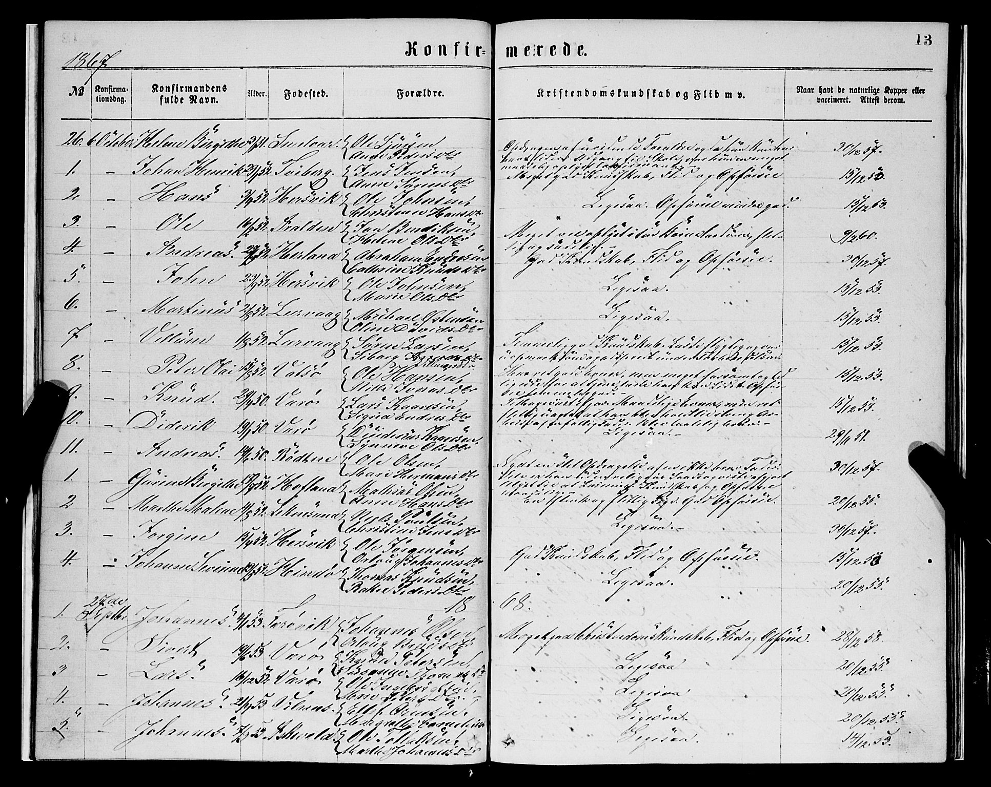 Askvoll sokneprestembete, SAB/A-79501/H/Haa/Haaa/L0013: Parish register (official) no. A 13, 1865-1878, p. 13
