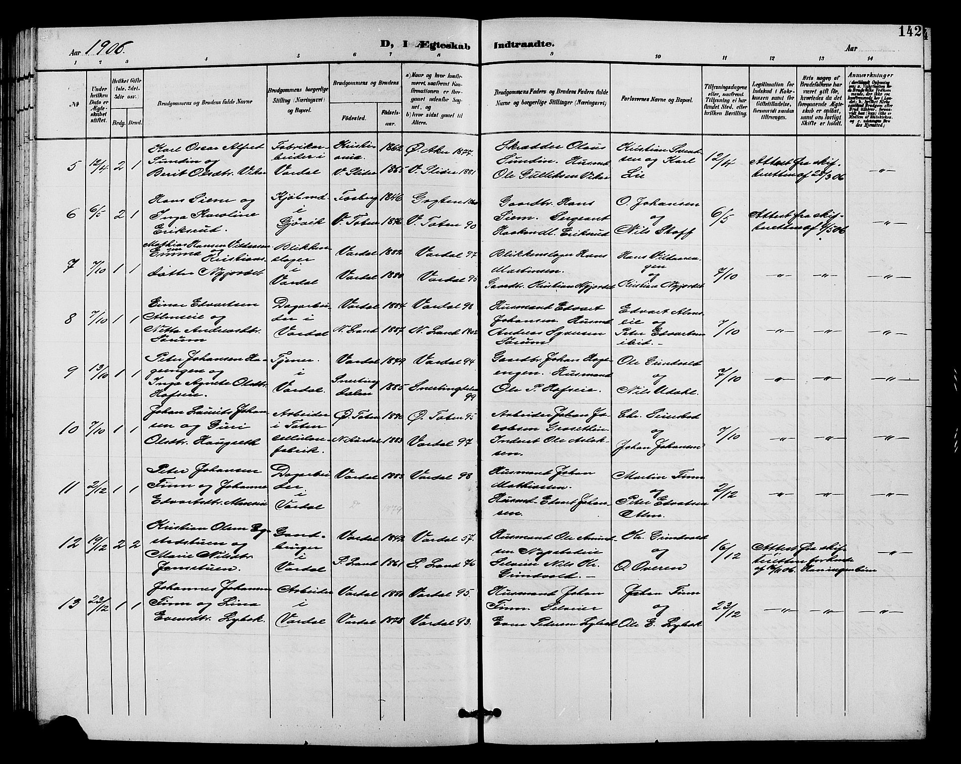 Vardal prestekontor, SAH/PREST-100/H/Ha/Hab/L0011: Parish register (copy) no. 11, 1899-1913, p. 142