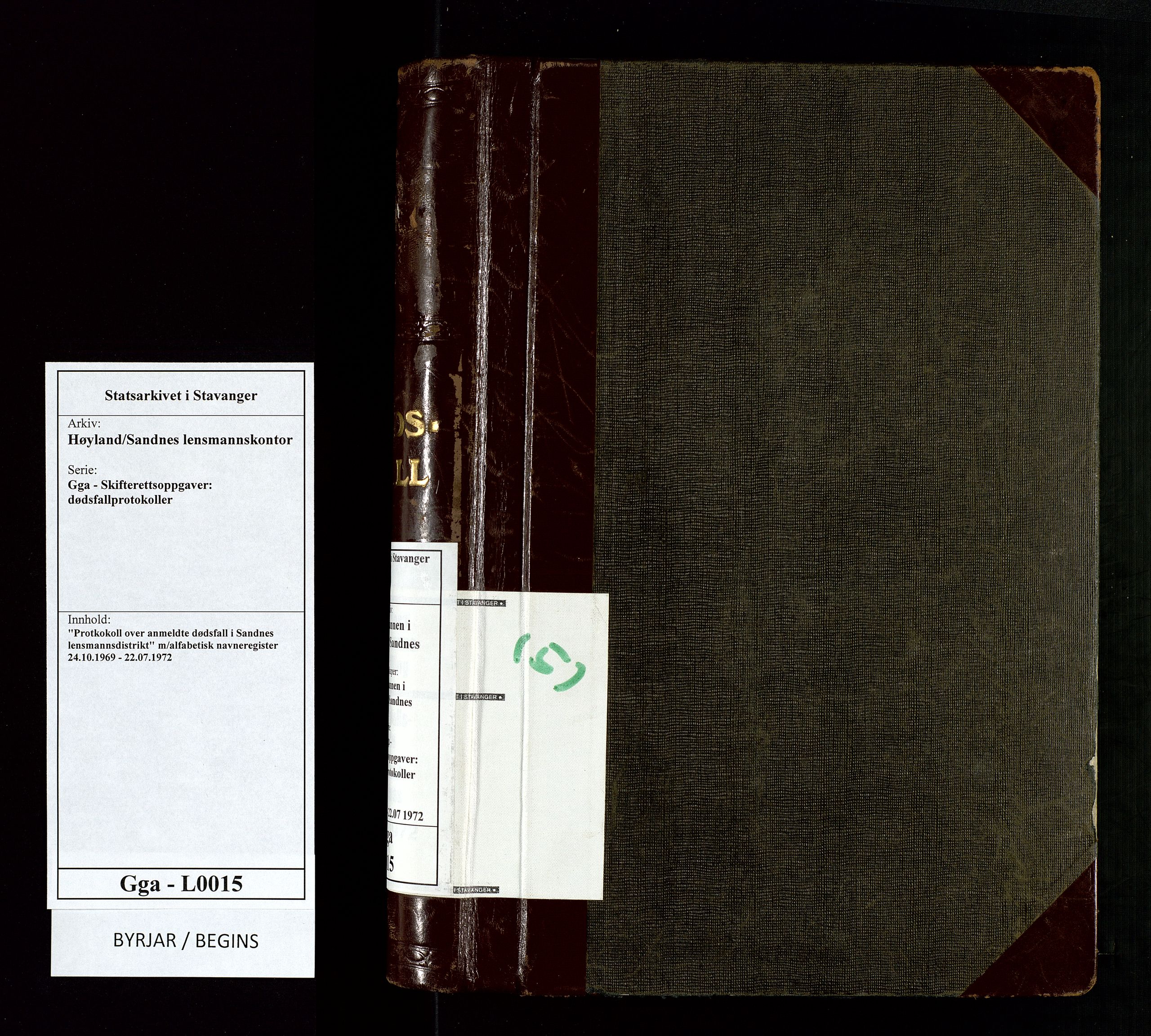 Høyland/Sandnes lensmannskontor, SAST/A-100166/Gga/L0015: "Protkokoll over anmeldte dødsfall i Sandnes lensmannsdistrikt" m/alfabetisk navneregister, 1969-1972