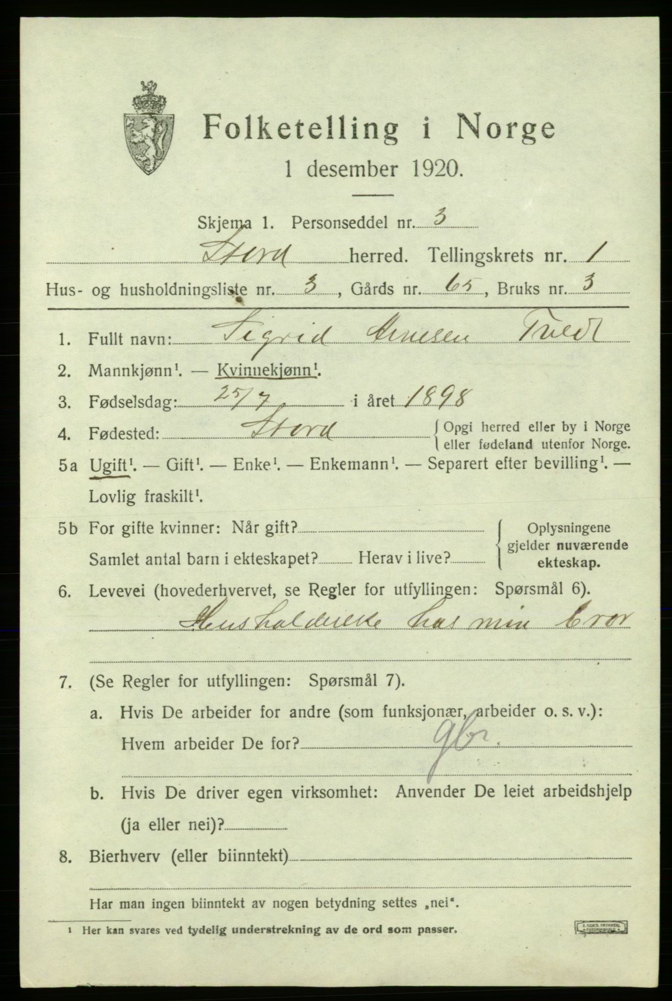 SAB, 1920 census for Stord, 1920, p. 1257