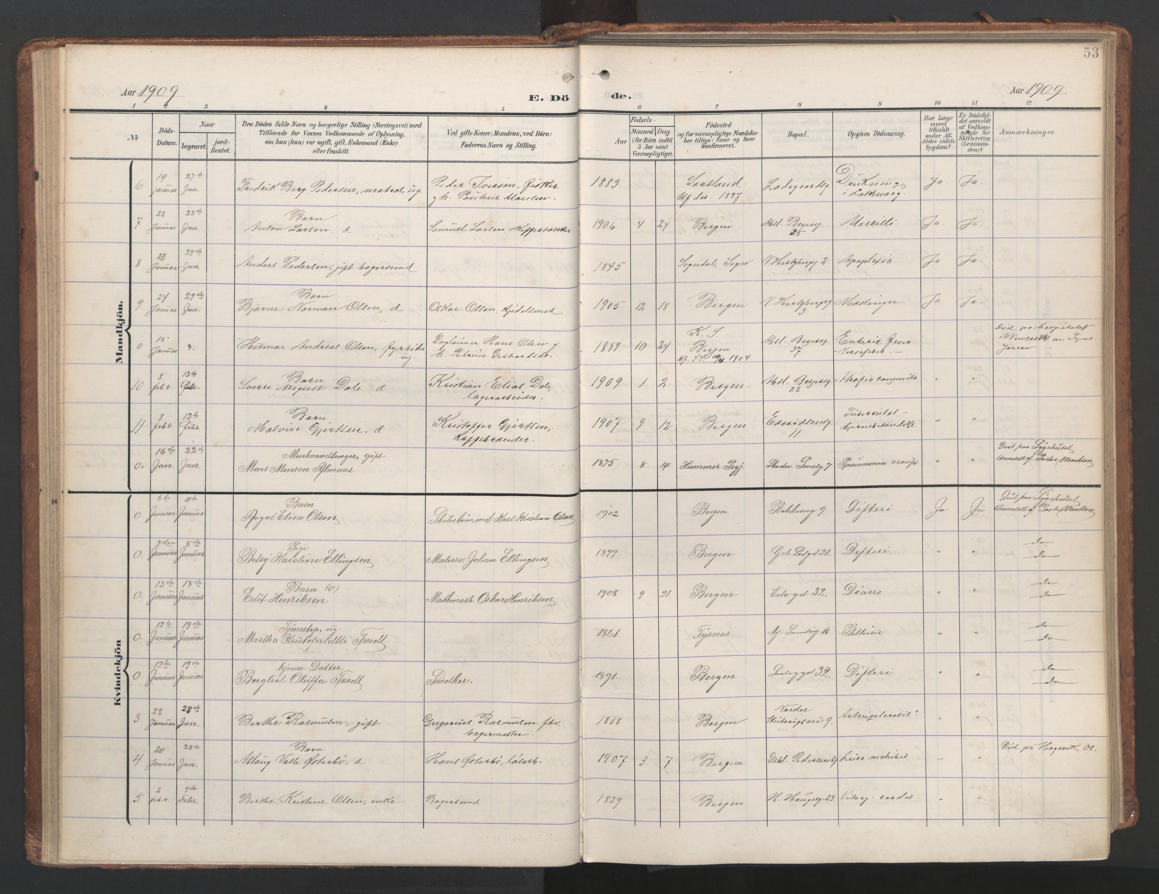 Sandviken Sokneprestembete, SAB/A-77601/H/Ha/L0019: Parish register (official) no. E 2, 1905-1933, p. 53