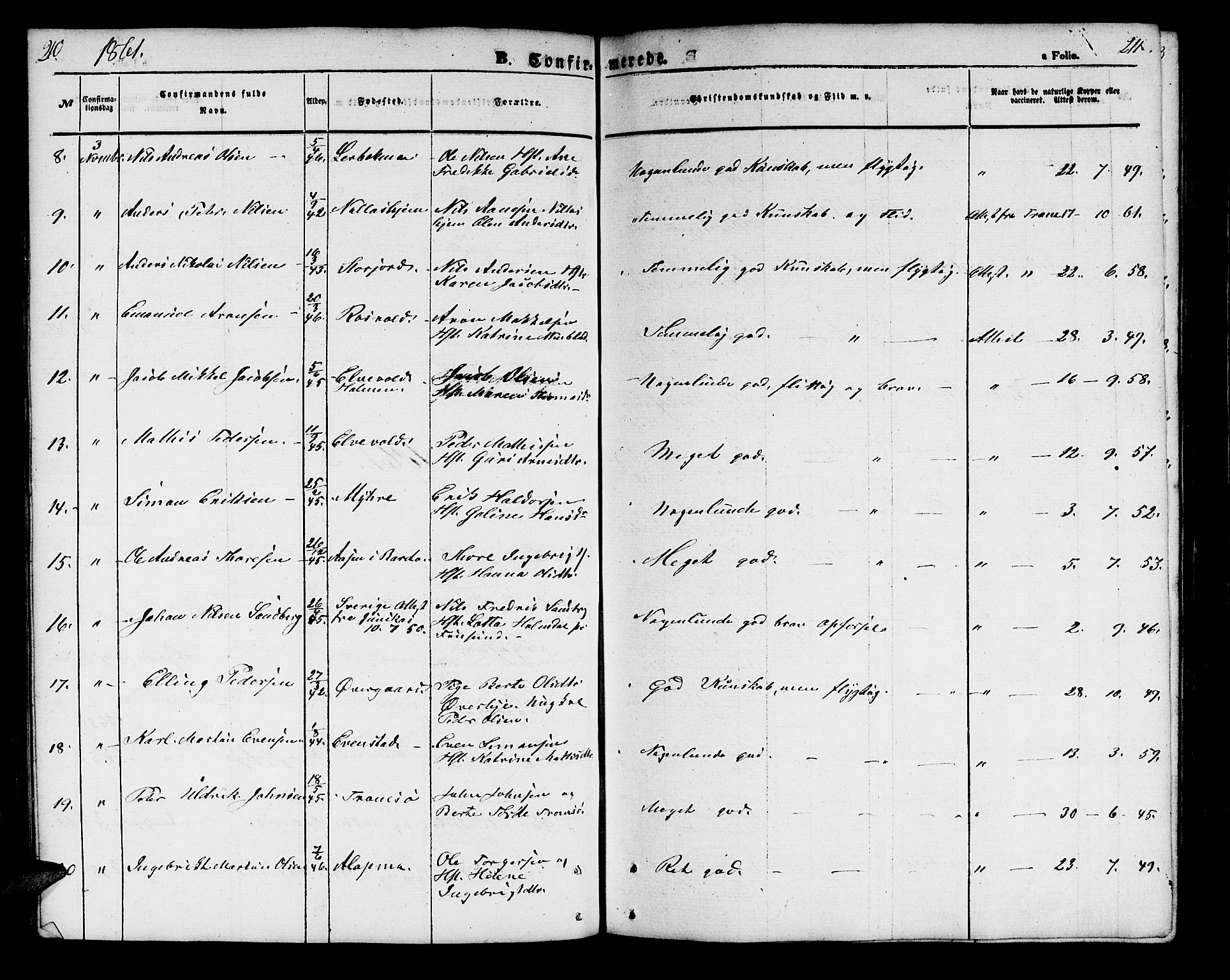 Målselv sokneprestembete, AV/SATØ-S-1311/G/Ga/Gab/L0001klokker: Parish register (copy) no. 1, 1856-1866, p. 210-211