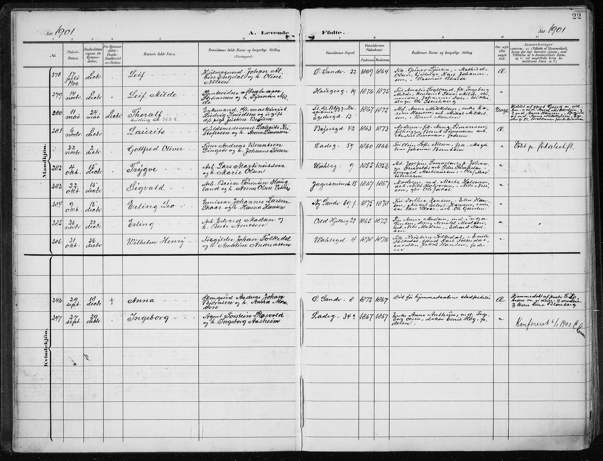 Sandviken Sokneprestembete, AV/SAB-A-77601/H/Ha/L0006: Parish register (official) no. B 3, 1901-1912, p. 22