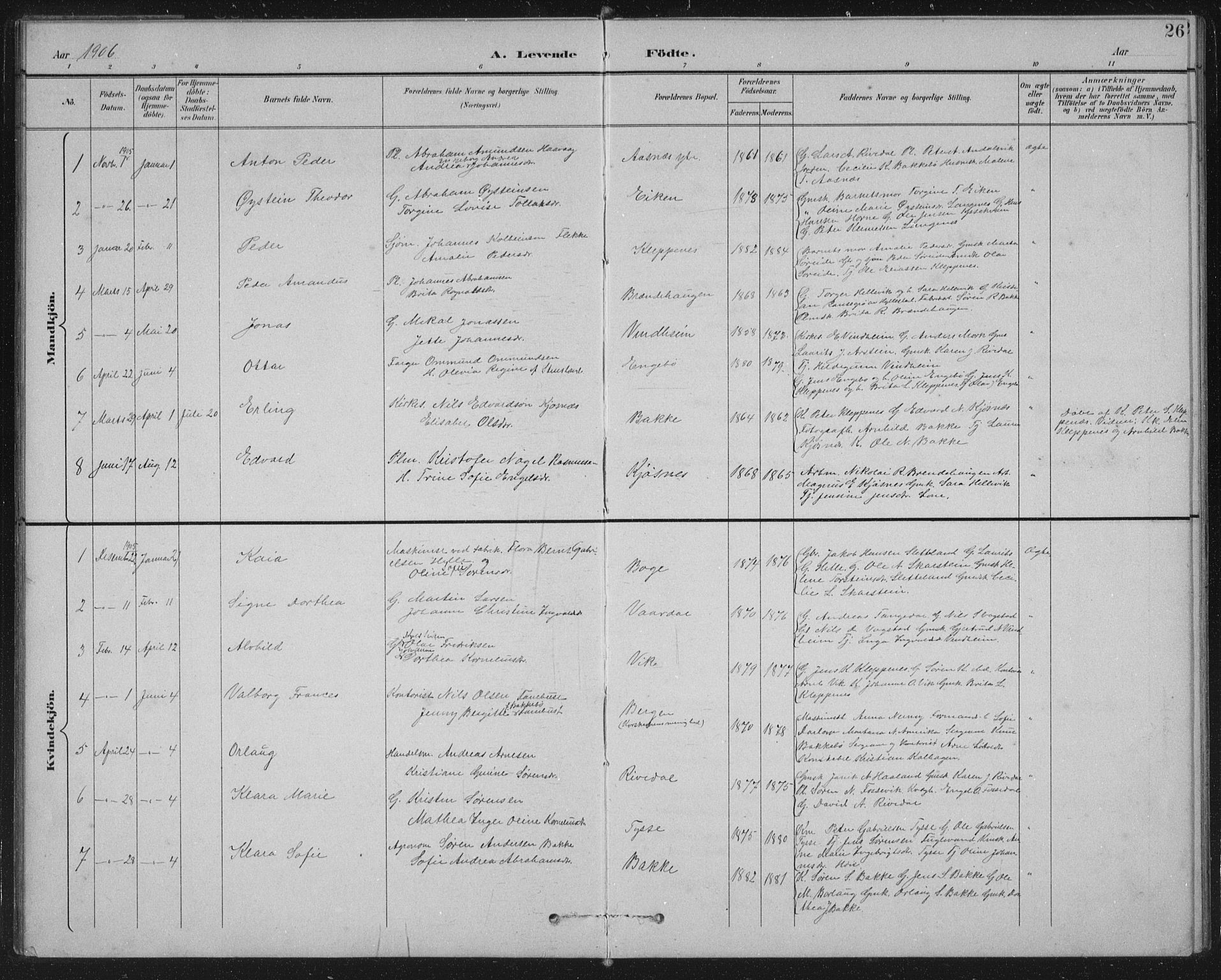 Fjaler sokneprestembete, AV/SAB-A-79801/H/Hab/Habb/L0002: Parish register (copy) no. B 2, 1895-1915, p. 26