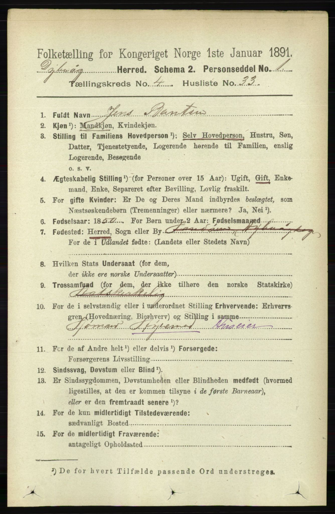 RA, 1891 census for 0915 Dypvåg, 1891, p. 1218