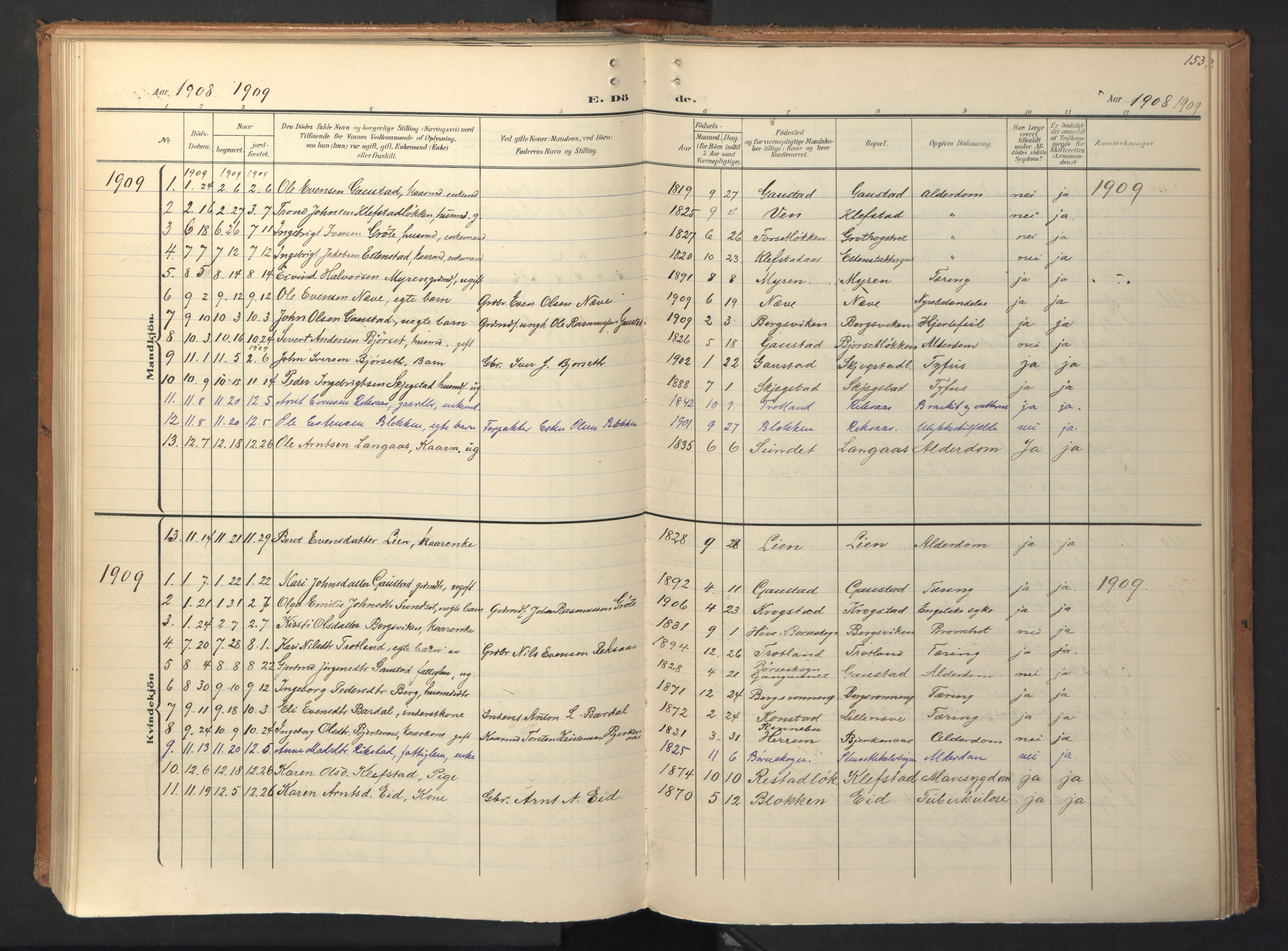Ministerialprotokoller, klokkerbøker og fødselsregistre - Sør-Trøndelag, SAT/A-1456/694/L1128: Parish register (official) no. 694A02, 1906-1931, p. 153