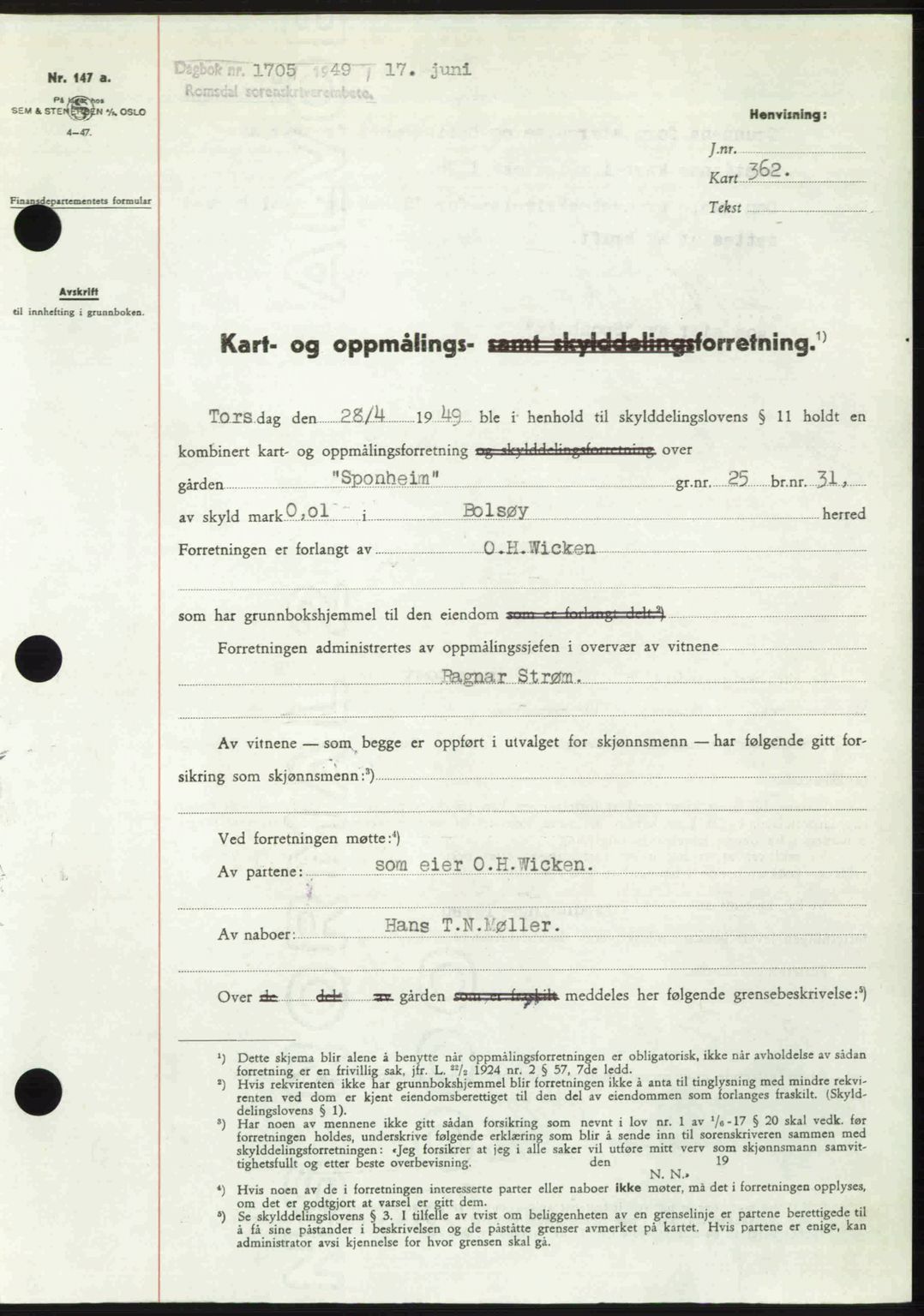 Romsdal sorenskriveri, AV/SAT-A-4149/1/2/2C: Mortgage book no. A30, 1949-1949, Diary no: : 1705/1949