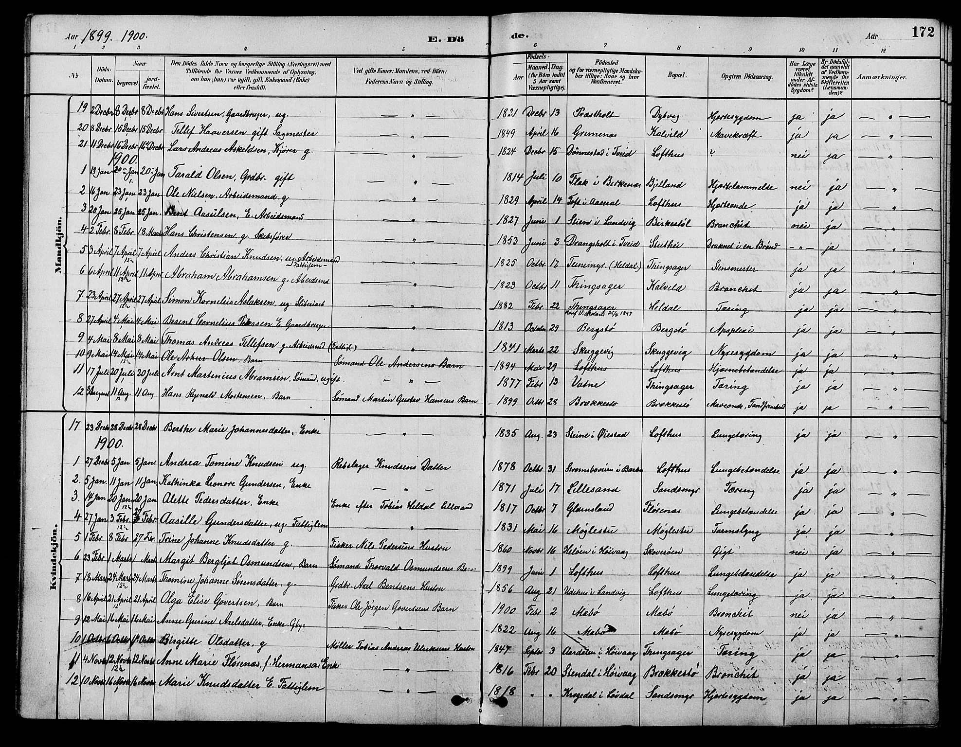 Vestre Moland sokneprestkontor, SAK/1111-0046/F/Fb/Fbb/L0006: Parish register (copy) no. B 6, 1884-1905, p. 172