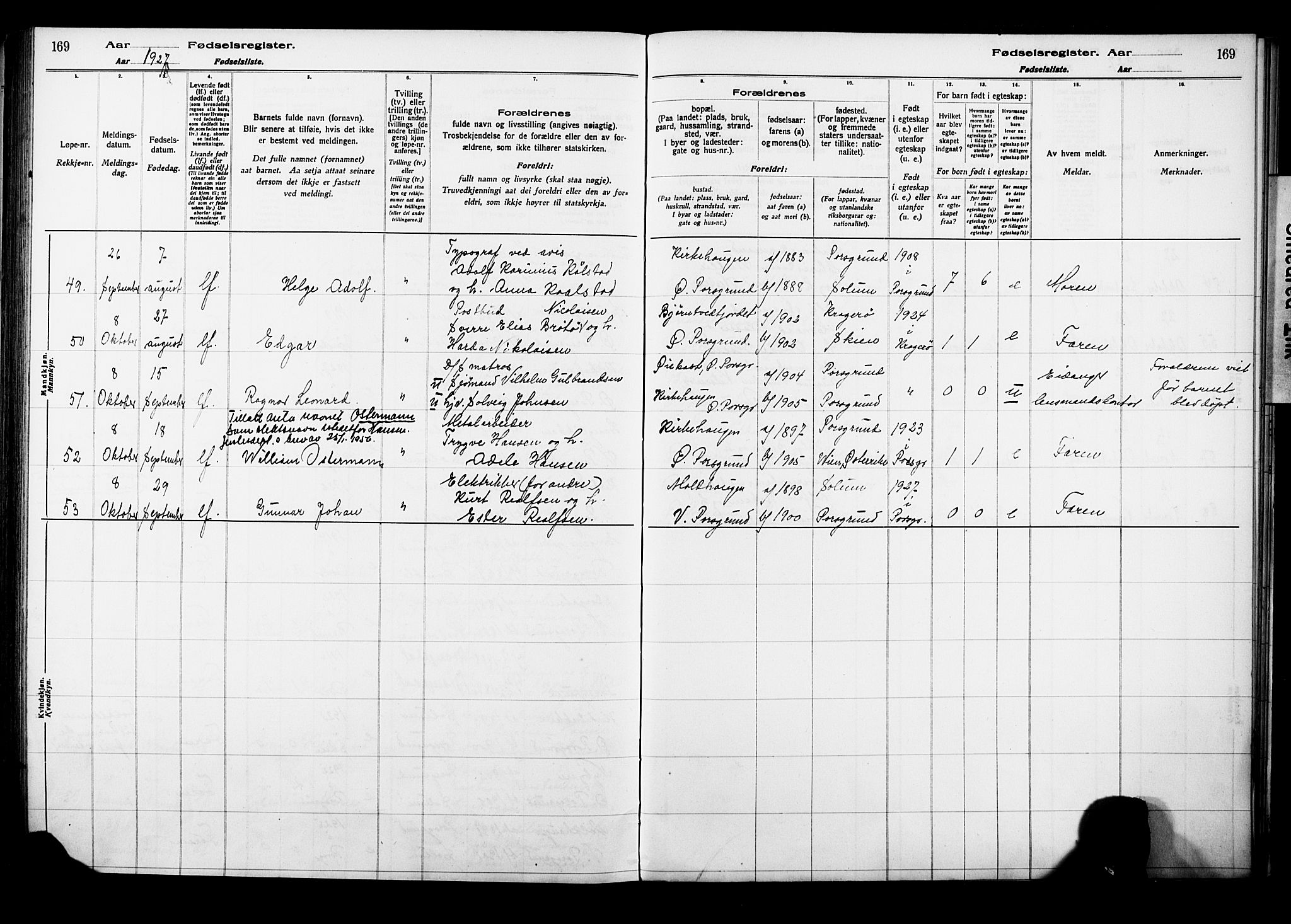 Porsgrunn kirkebøker , AV/SAKO-A-104/J/Ja/L0001: Birth register no. 1, 1916-1929, p. 169