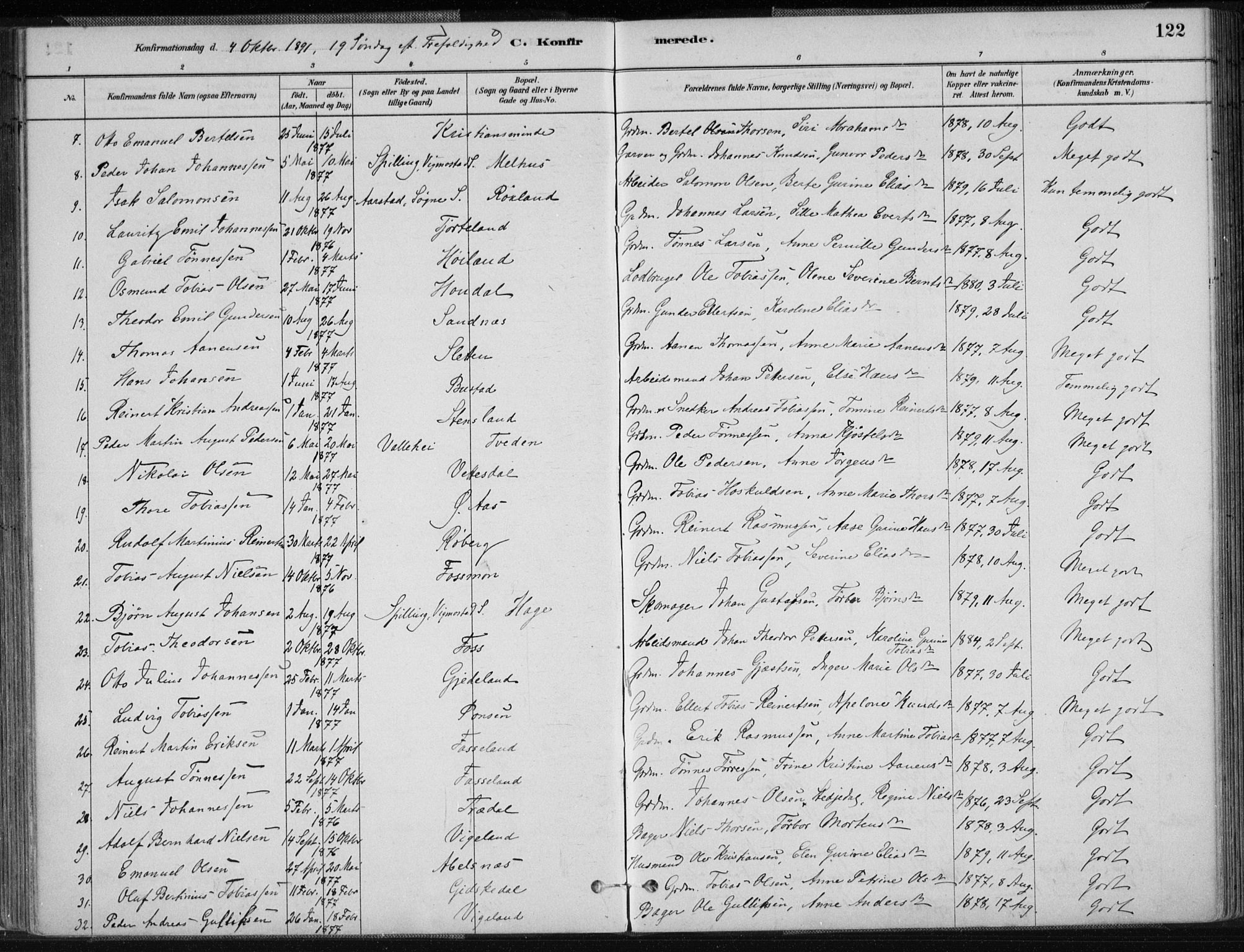 Sør-Audnedal sokneprestkontor, AV/SAK-1111-0039/F/Fa/Fab/L0009: Parish register (official) no. A 9, 1880-1895, p. 122